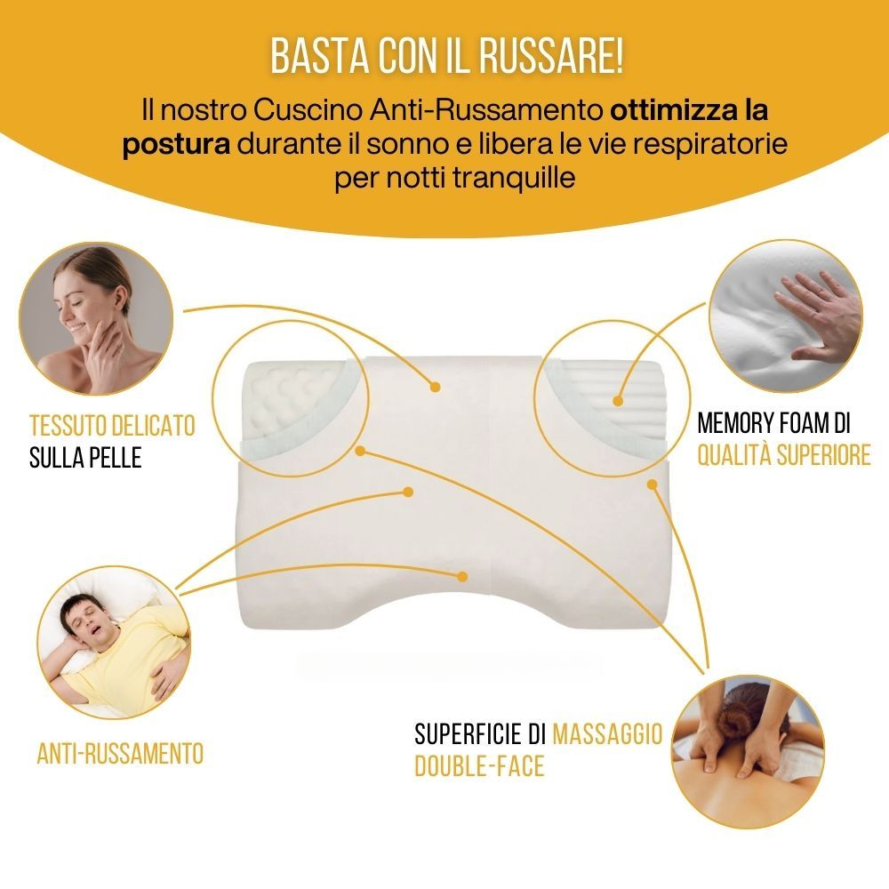 Cuscino con testo e diagrammi. Testo: Materiale delicato, memory foam, anti-russamento.