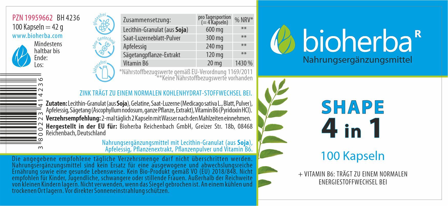 Verpackung von Bioherba Shape 4 in 1 Kapseln. Enthält 100 Kapseln. Zutatenliste und Nährwertangaben sind aufgedruckt.