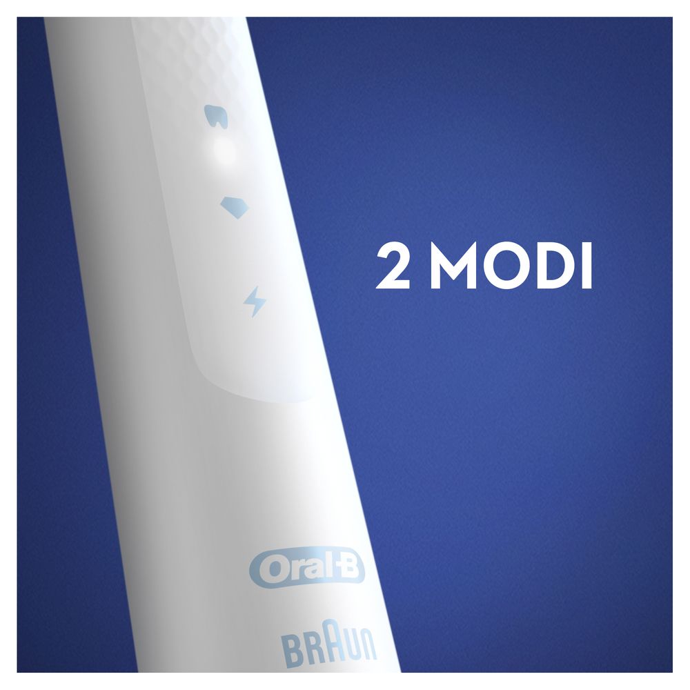 Nahaufnahme des Zahnbürstengriffs mit Bedienfeld und Leuchten. Text: 2 Modi. Logo: Oral-B.
