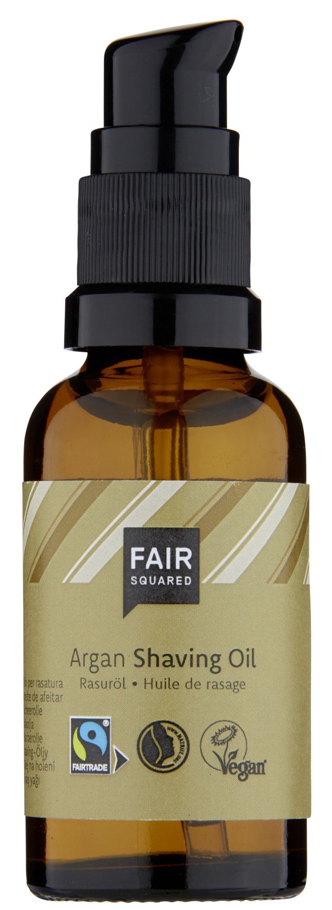 Braune Glasflasche mit schwarzem Pumpkopf. Aufschrift: FAIR SQUARED, Argan Shaving Oil, Fairtrade, Vegan.