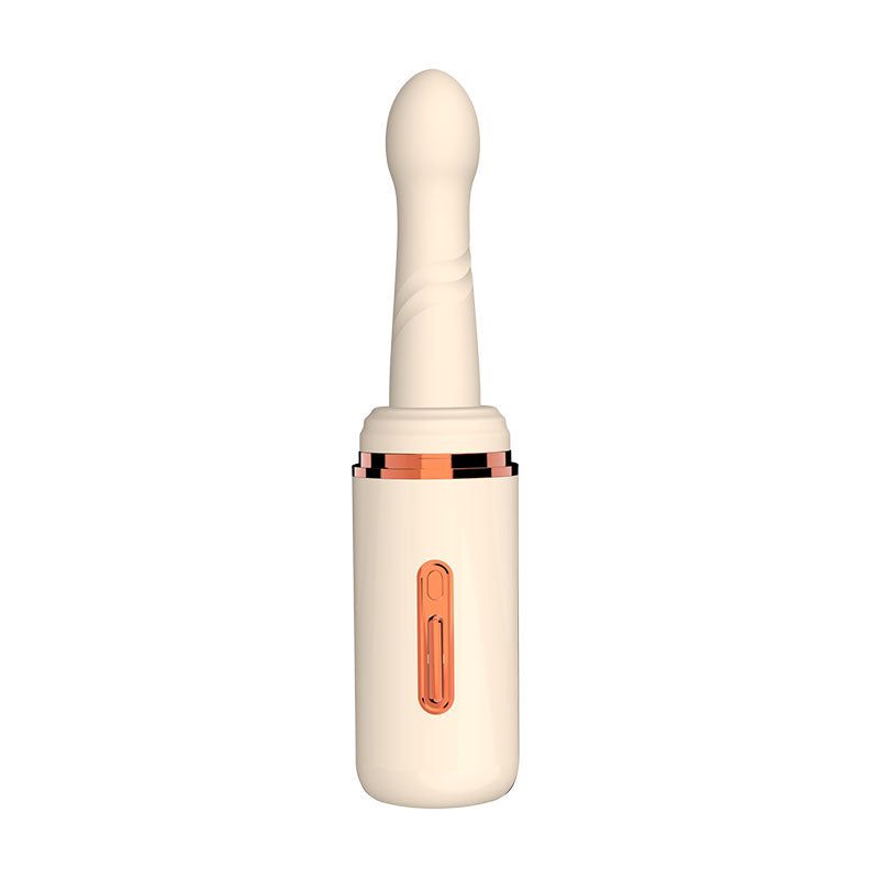 Beigefarbener Vibrator mit goldfarbenen Akzenten, aufrecht stehend.
