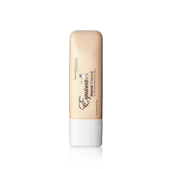 Beige Handcreme-Tube mit weißem Deckel. Aufschrift: Equinea Hand Creme für die beanspruchte Haut. Mit Ringelblumen.