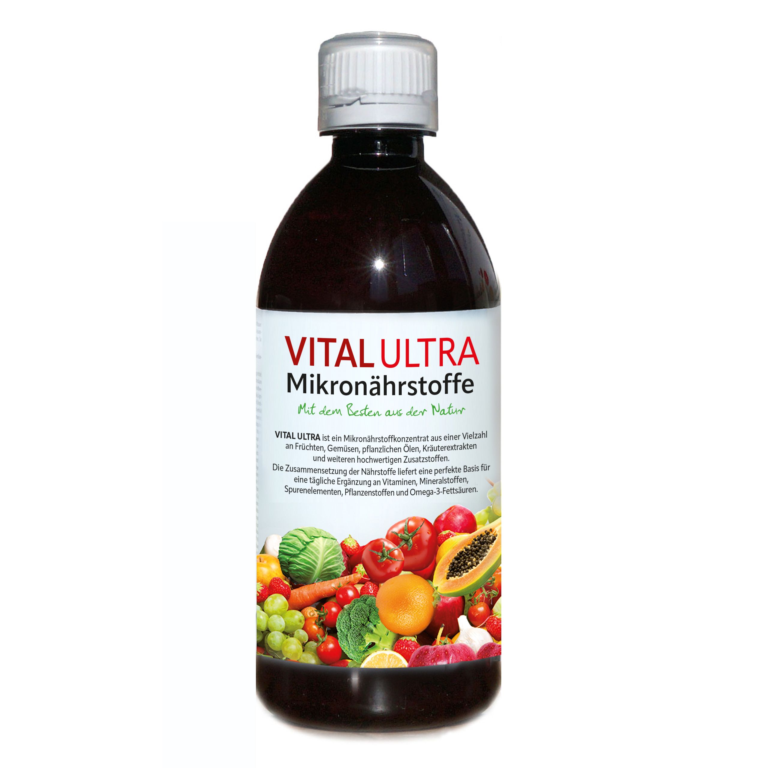 Braune Flasche mit weißem Deckel. Aufschrift: VITAL ULTRA Mikronährstoffe. Abbildung von Obst und Gemüse.