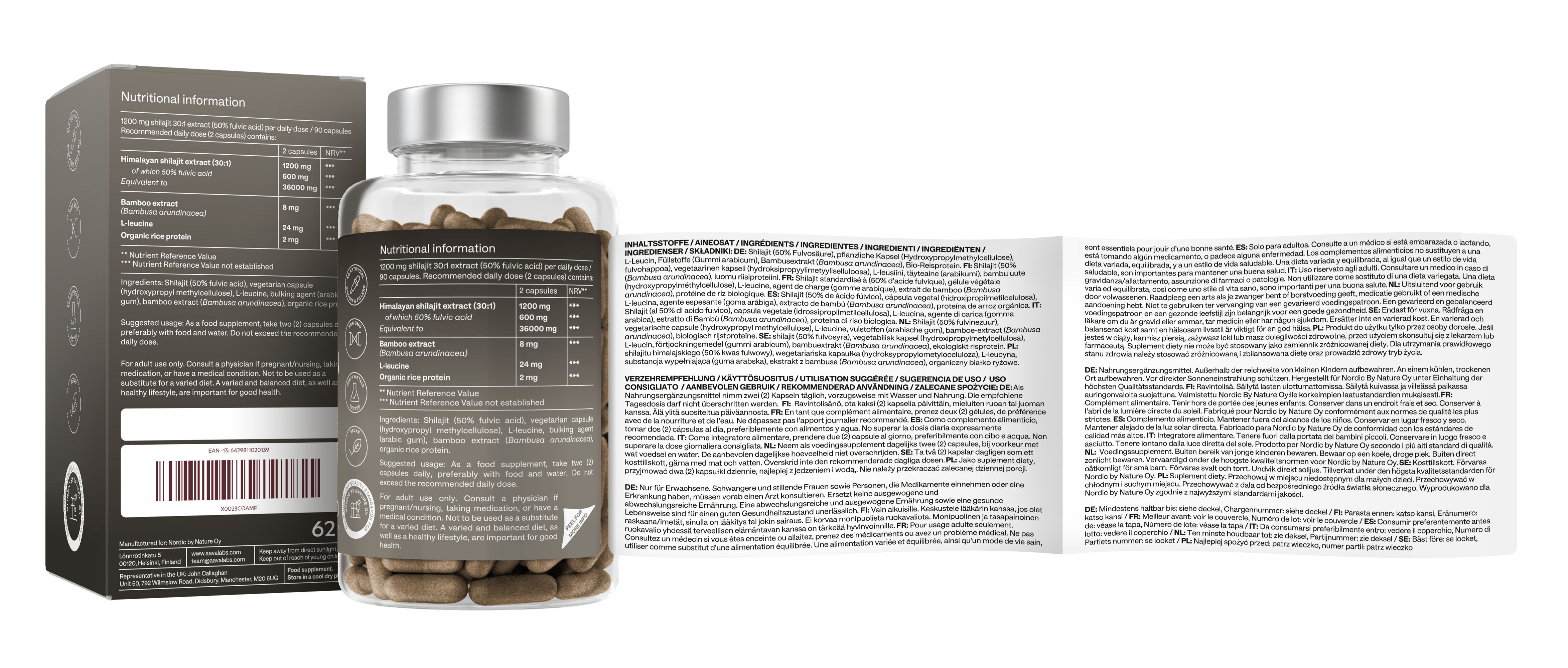 Flasche mit Kapseln, Verpackung und Beipackzettel. Text in Englisch. Barcode auf der Verpackung.