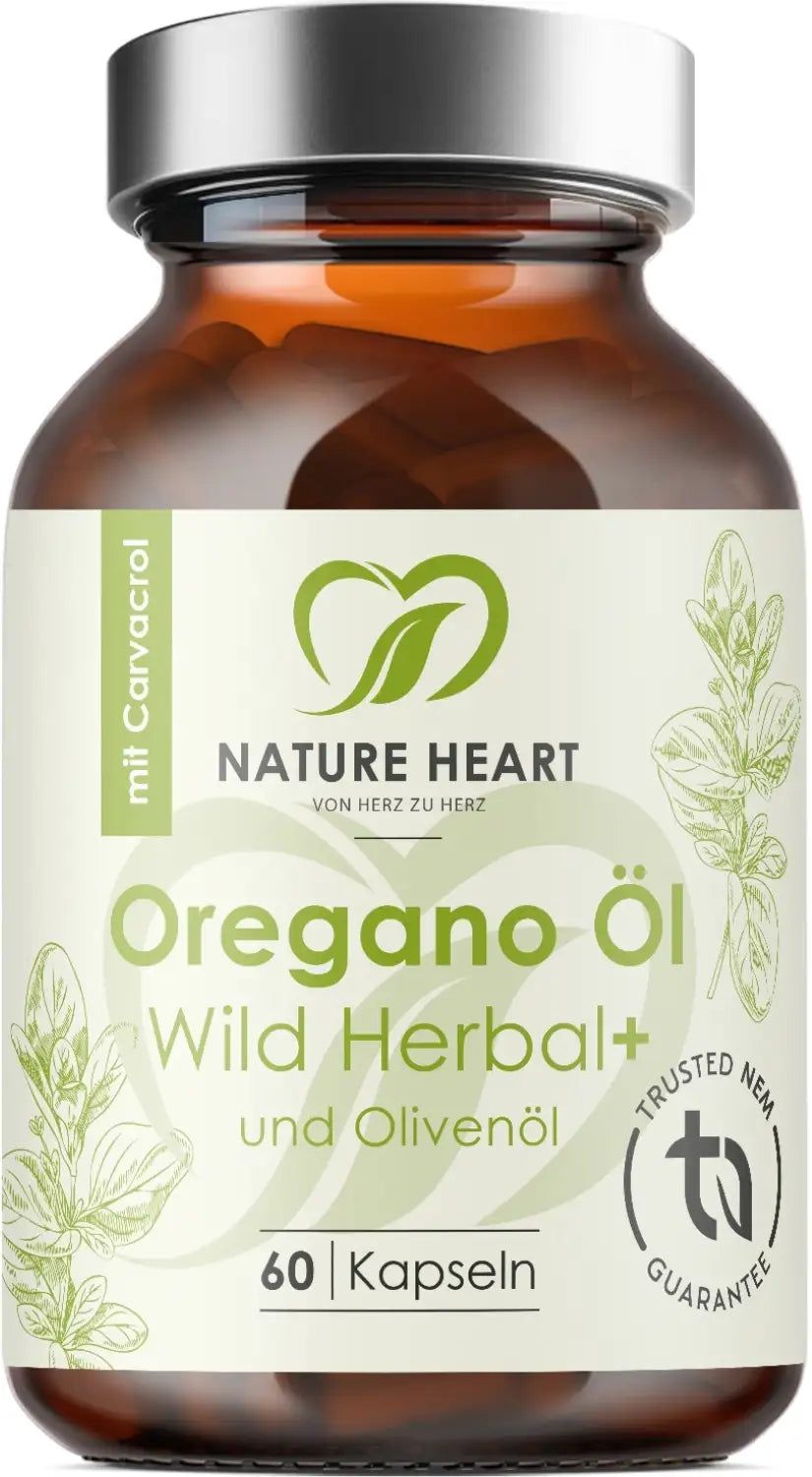 Braune Glasflasche mit Kapseln. Aufschrift: Oregano Öl Wild Herbal+ und 60 Kapseln. Logo: Nature Heart, mit Carvacrol.