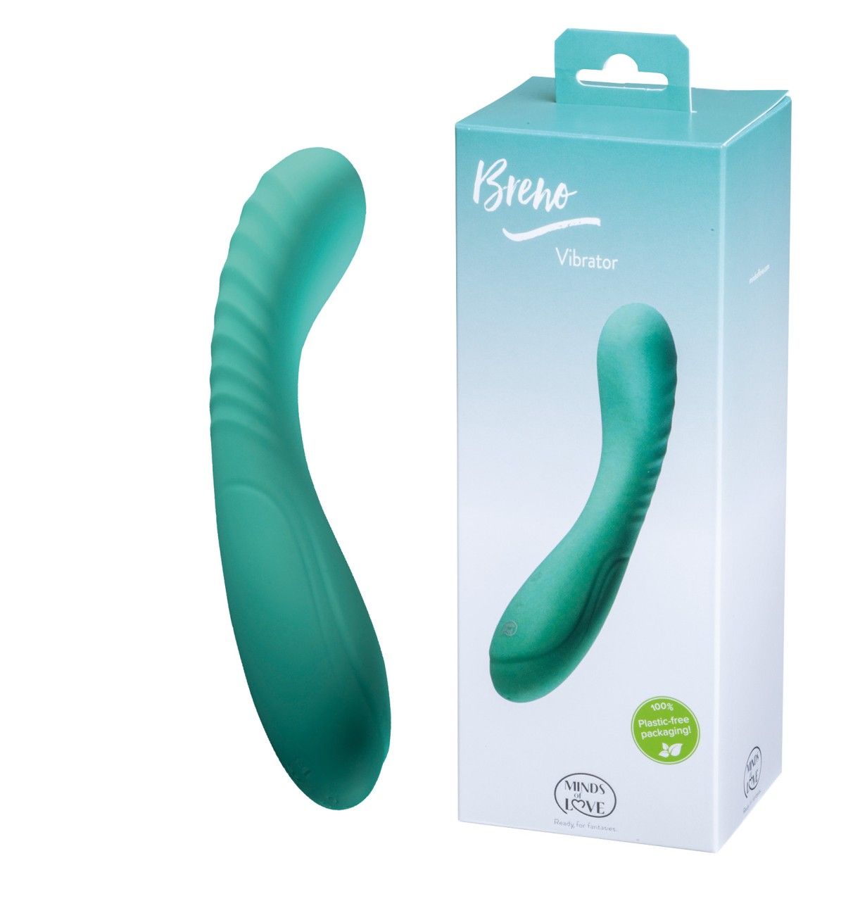 Türkiser Vibrator mit gerillter Oberfläche und Verpackung.