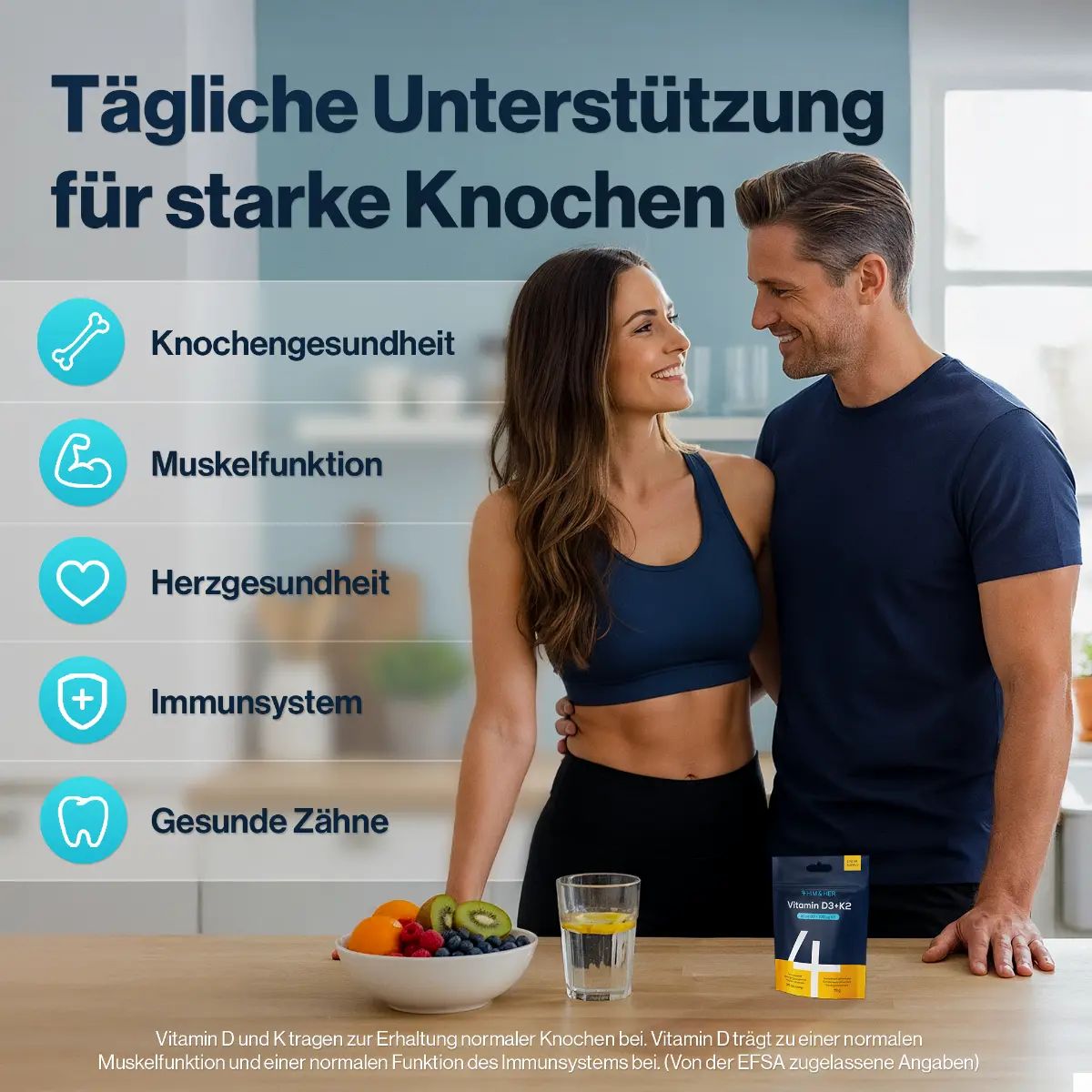 Paar lächelt, umgeben von Icons für Knochen-, Muskel-, Herz-, Immun- und Zahngesundheit.