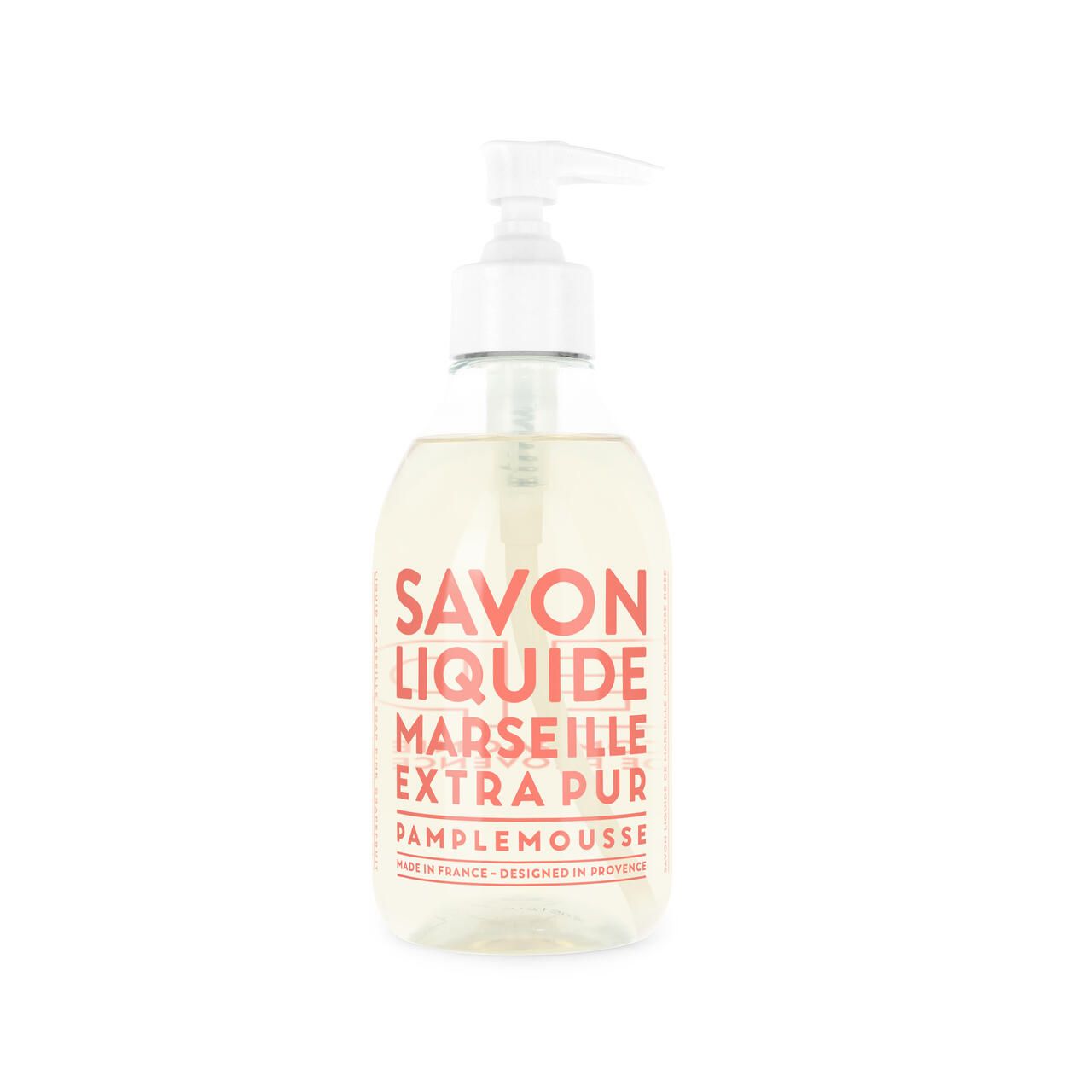 Transparente Flasche mit rosa Aufschrift: Savon Liquide Marseille Extra Pur Pamplemousse. Weißer Spender.