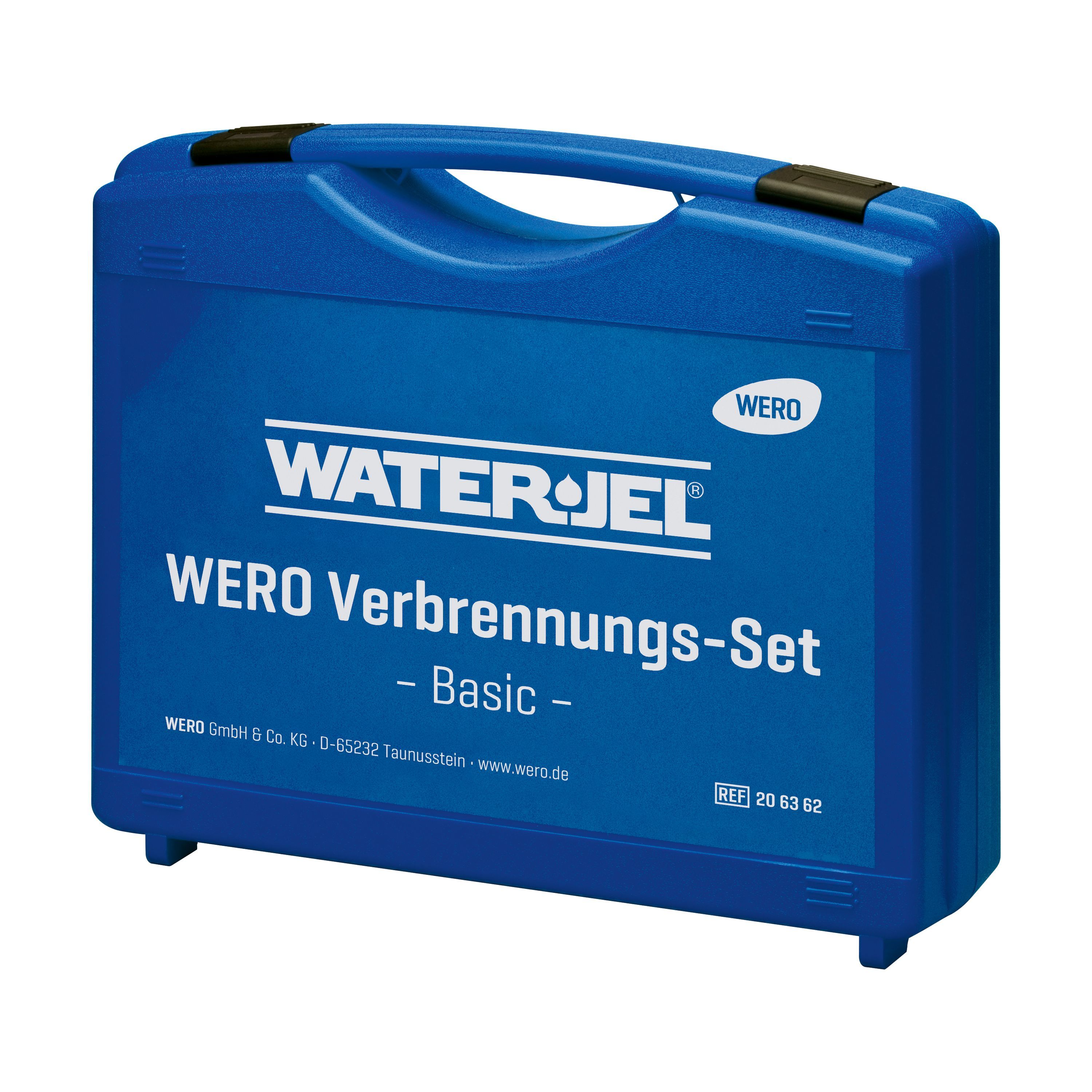 Blauer Koffer mit dem Aufdruck 'WERO Verbrennungs-Set Basic'. Schwarzer Griff. 'WATER-JEL' und 'WERO' Logos.