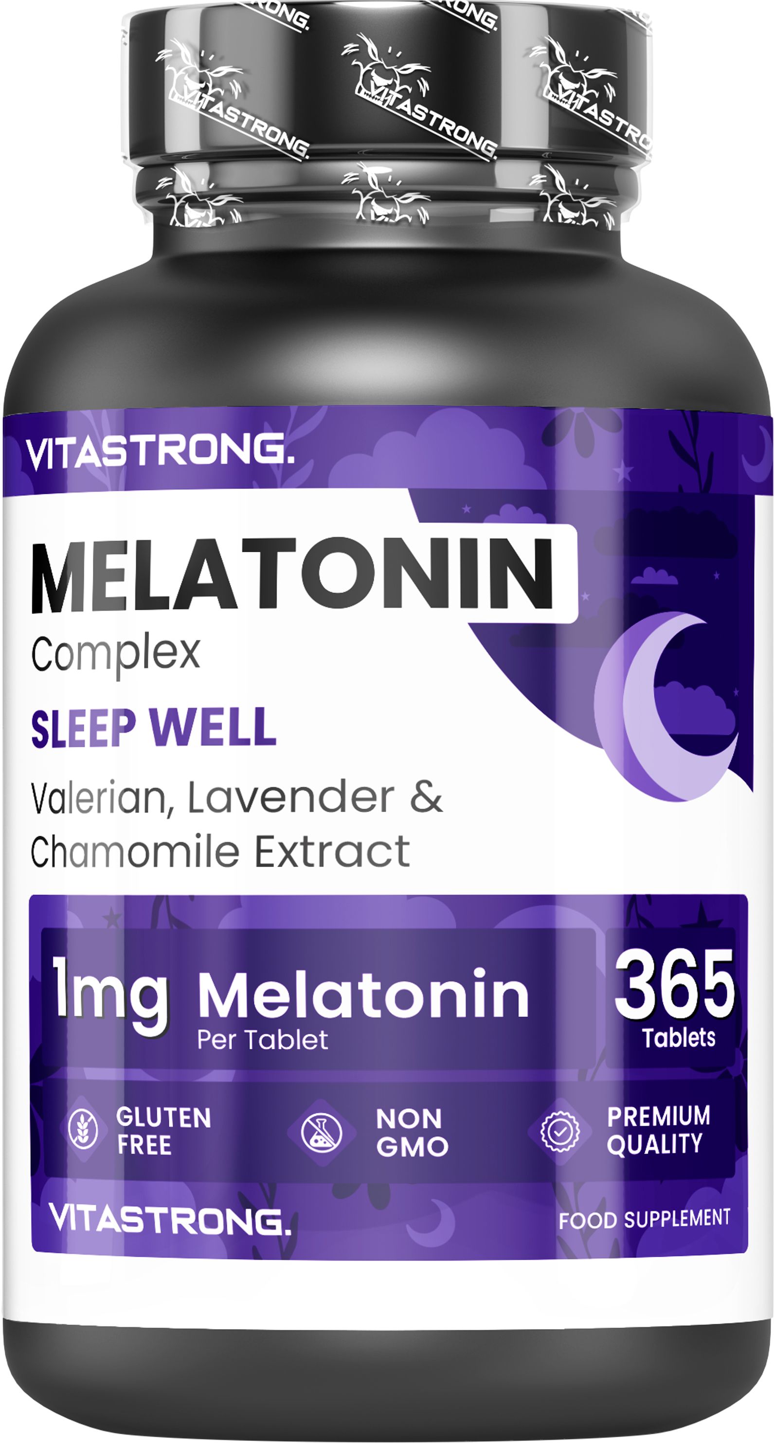 Vitastrong Melatonin Komplex Flasche mit 365 Mikro-Tabletten.