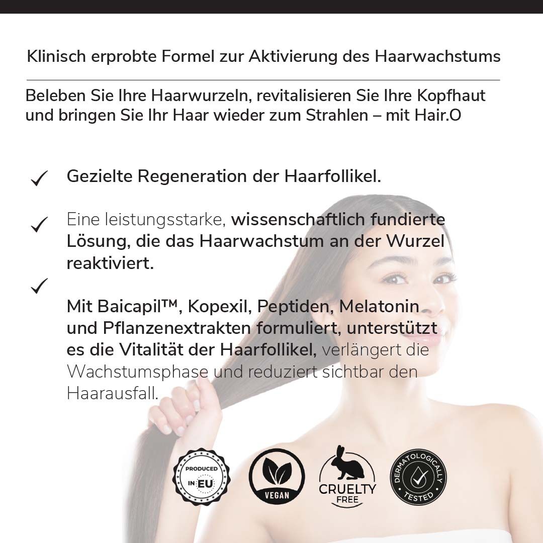 Text mit Aufzählungspunkten. Logos: EU-Produziert, Vegan, Cruelty Free, Dermatologisch getestet.