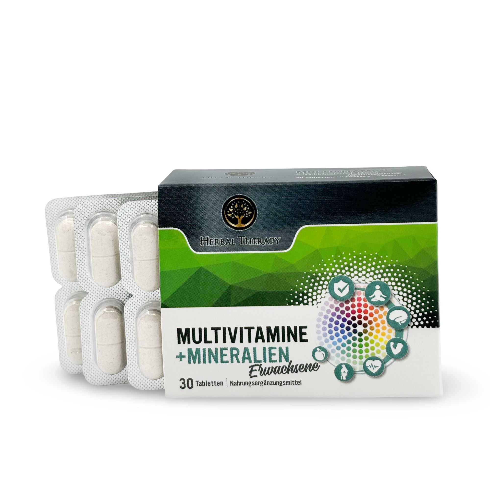 Packung "Herbal Therapy MULTIVITAMINE + MINERALIEN für Erwachsene" mit geöffneter Blisterpackung. Tabletten sichtbar. Logo und Produktbezeichnung.