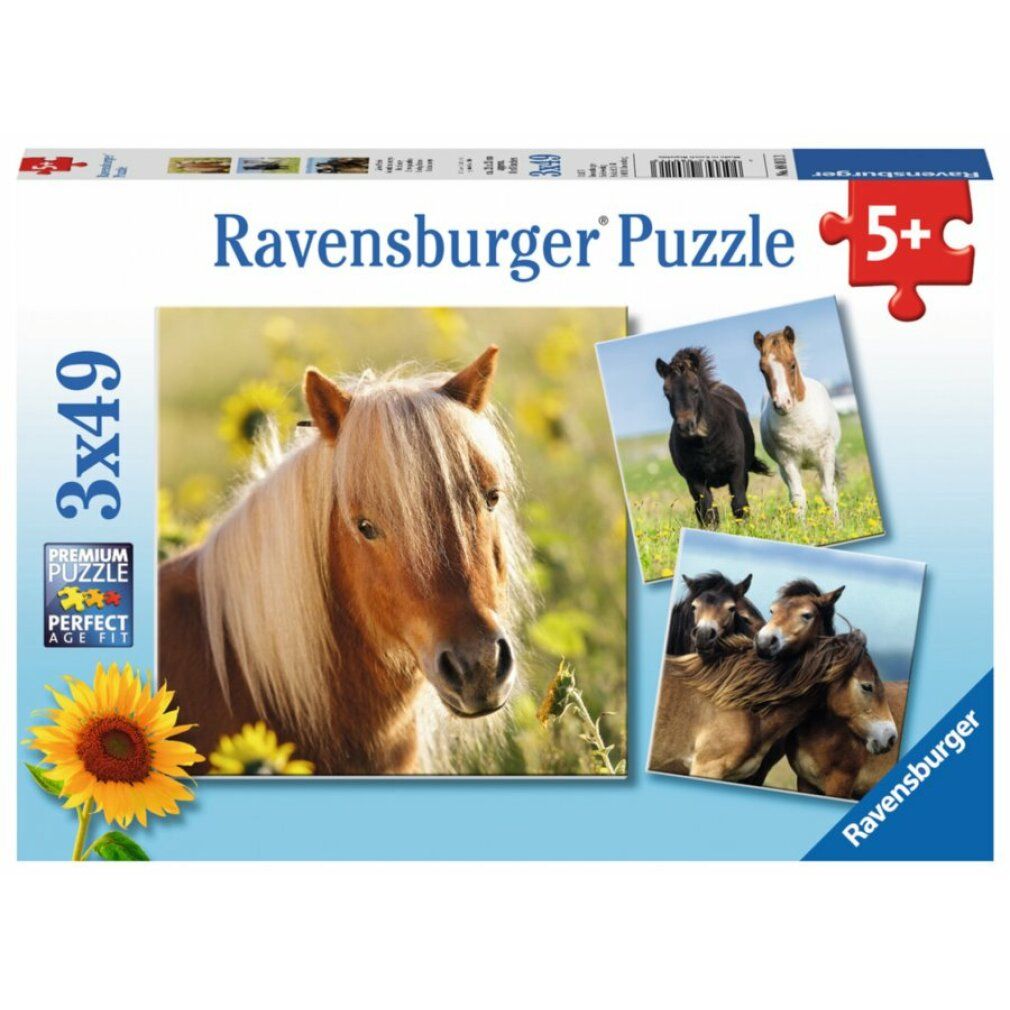 Puzzle 3x49 Teile Liebe Pferde ab 5 Jahre 3 Puzzles inklusive Mini-Postern als Vorlagen