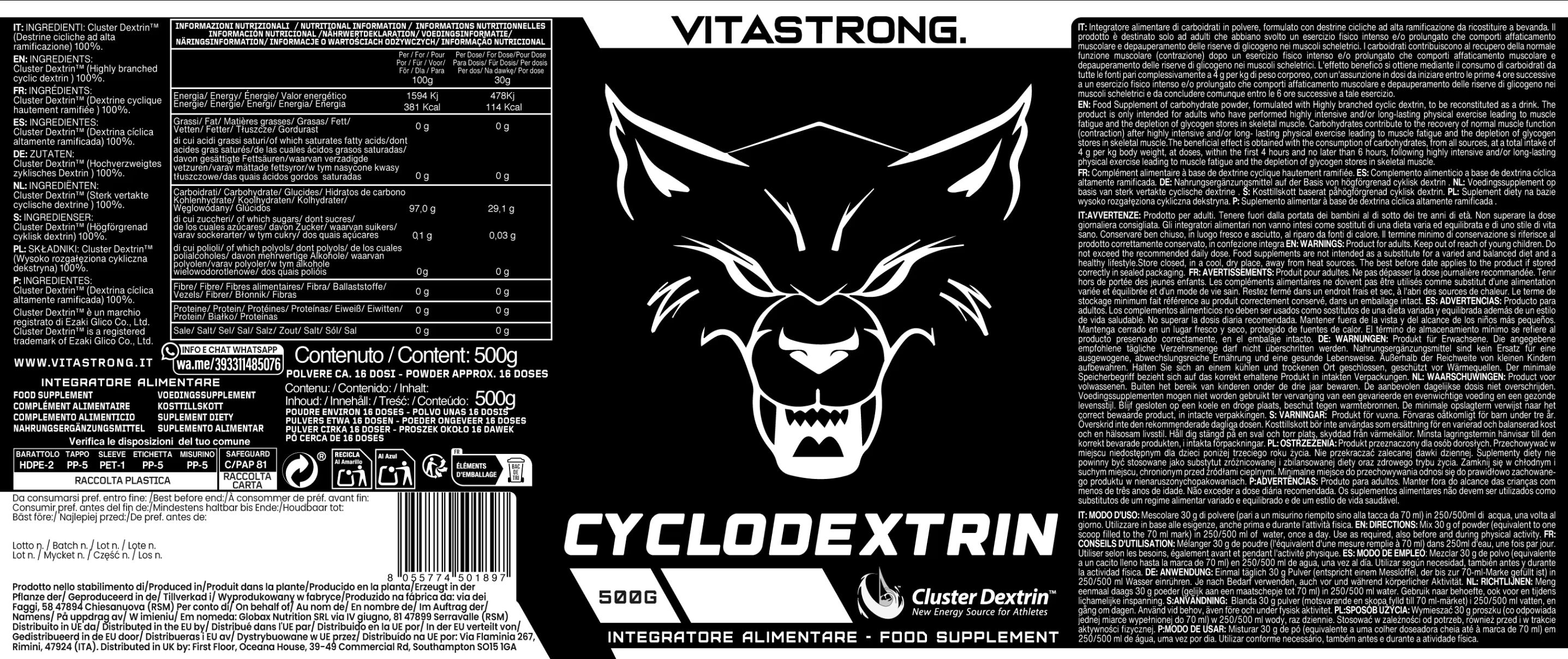 Schwarzes Etikett mit weißem Wolfskopf, Text: CYCLODEXTRIN, Cluster Dextrin, Nahrungsergänzungsmittel, Vitastrong.