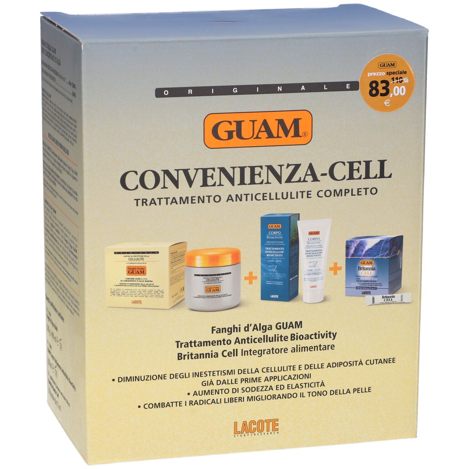 Confezione del prodotto con più prodotti. Testo: GUAM, Convenienza-Cell, Trattamento Anticellulite Completo. Prezzo.