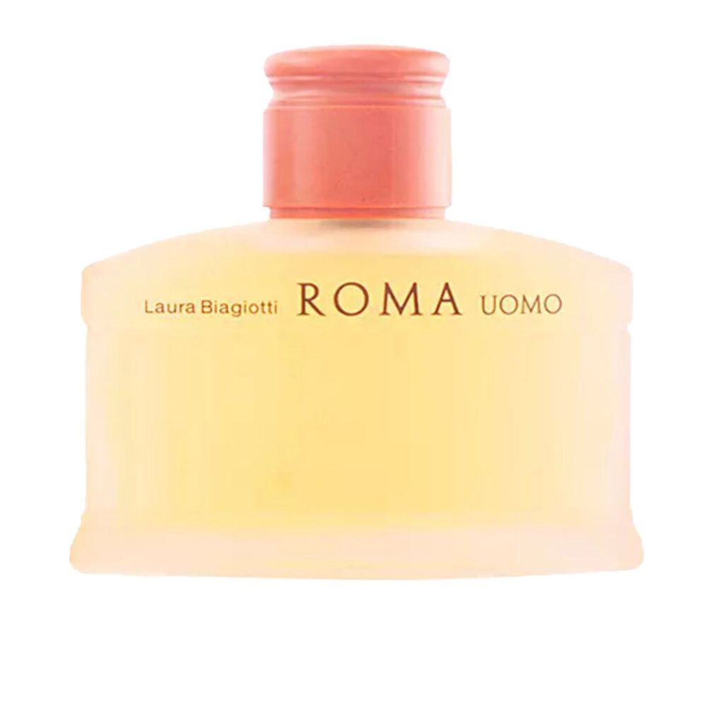 Parfümflakon mit rosafarbenem Verschluss. Schriftzug ROMA UOMO. Flakon mit abgerundeter Form.