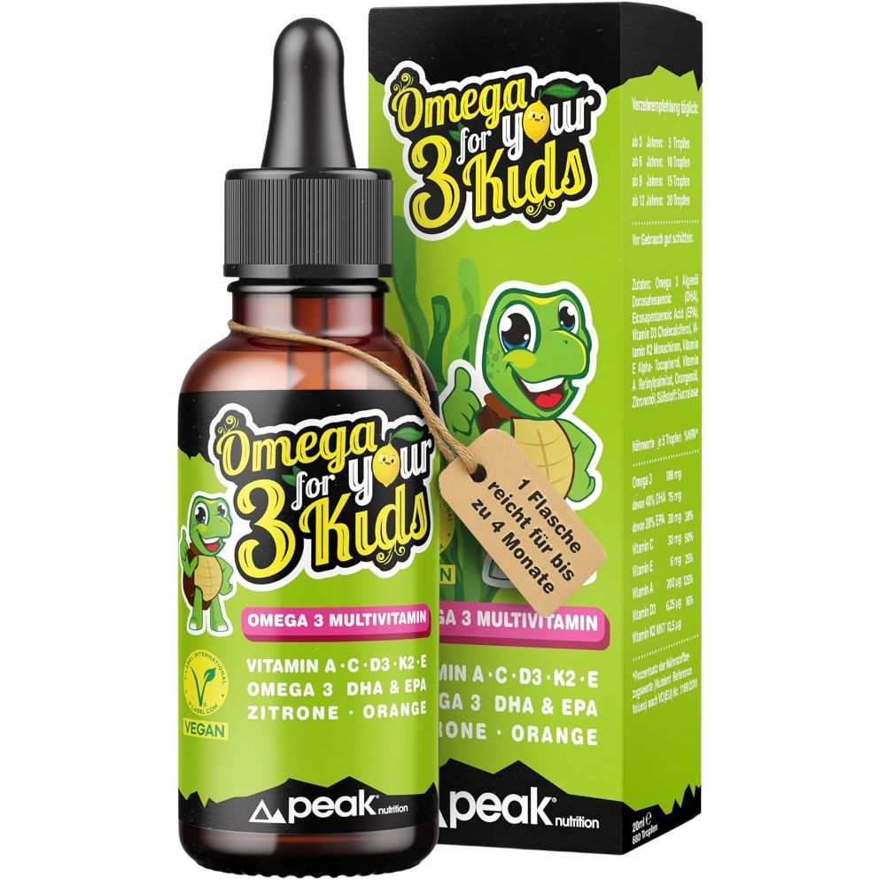 peak nutrition Omega 3 for your Kids Multivitamin Tropfen für Kinder mit DHA + EPA 20 ml zum Einnehmen