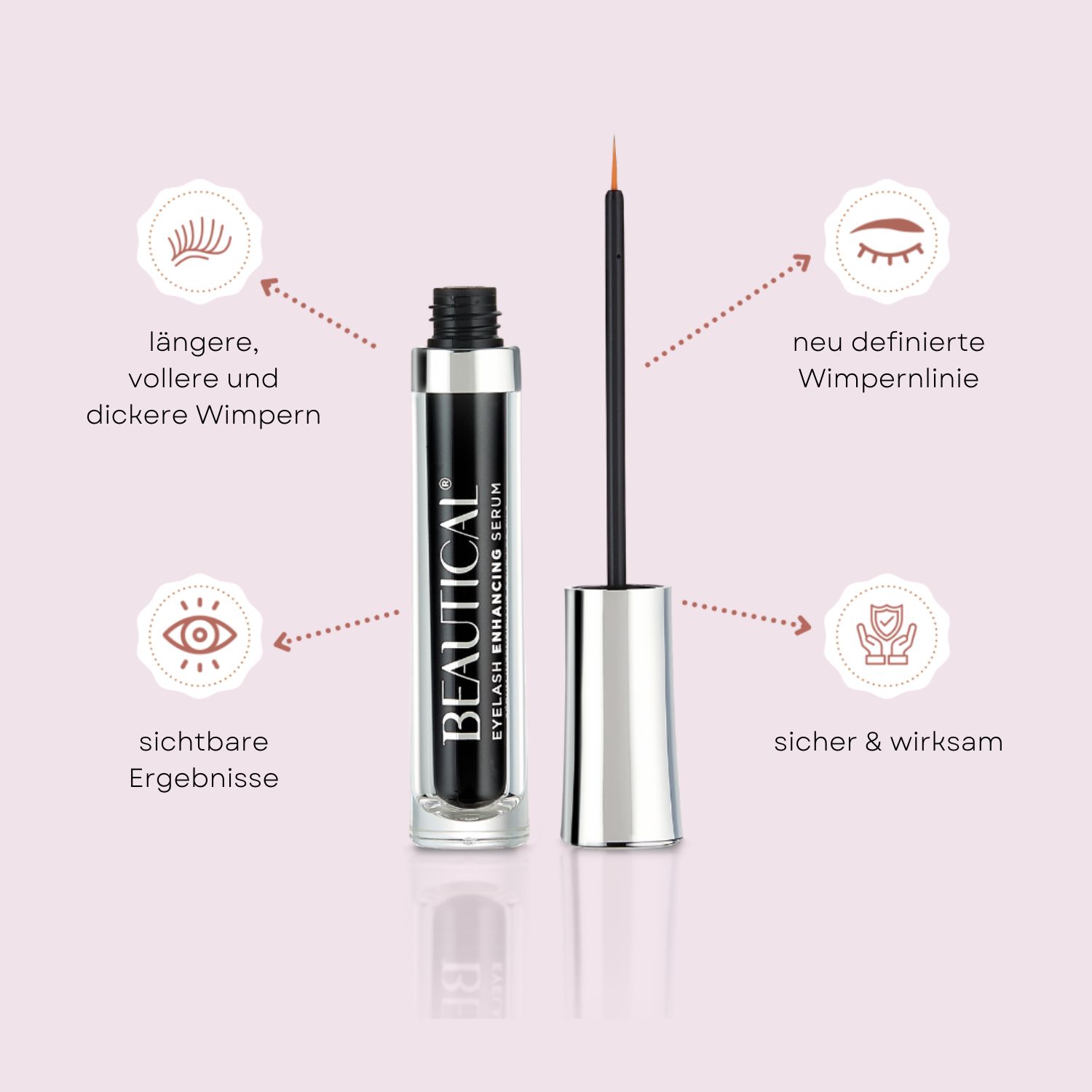 BEAUTICAL Wimpernserum. Schwarze Flasche mit Applikator. Silberner Deckel. Vorteile.
