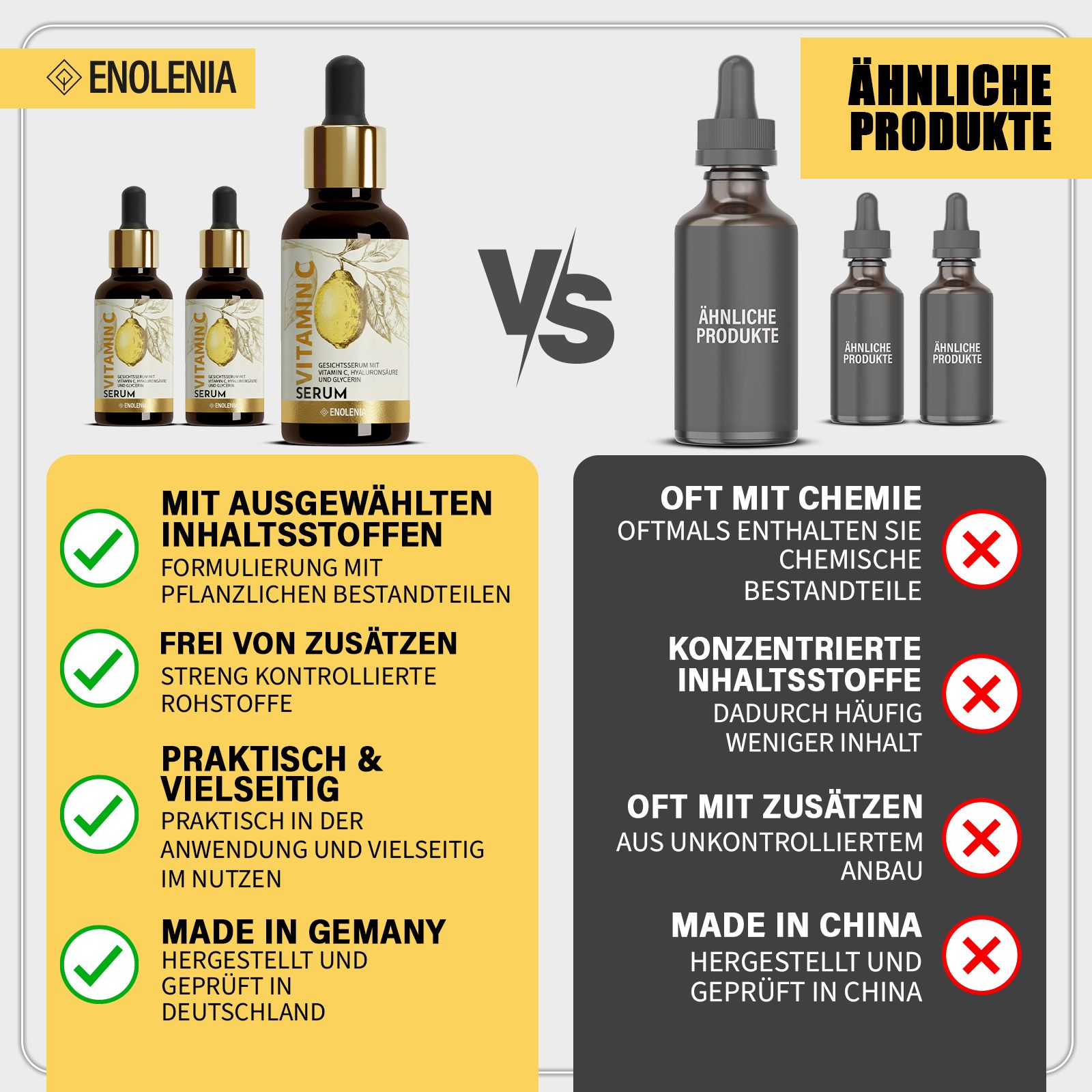 Vergleich von Produkten. Links: Enolenia® Vitamin C Serum, mit Vorteilen. Rechts: Ähnliche Produkte, mit Nachteilen. Made in Germany.