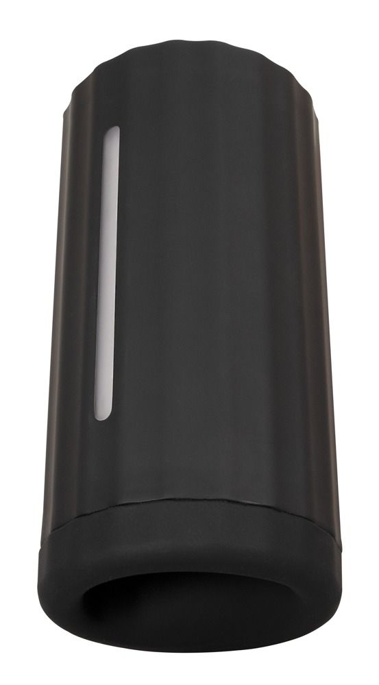 Zylindrisches, schwarzes Produkt mit weißem Lichtstreifen. Unterseite abgerundet.