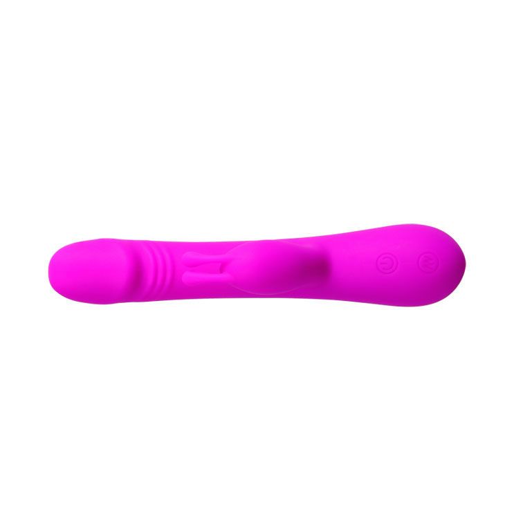 Pinkfarbener Vibrator mit Kaninchenohren-Design. Silikon-Material, längliche Form.