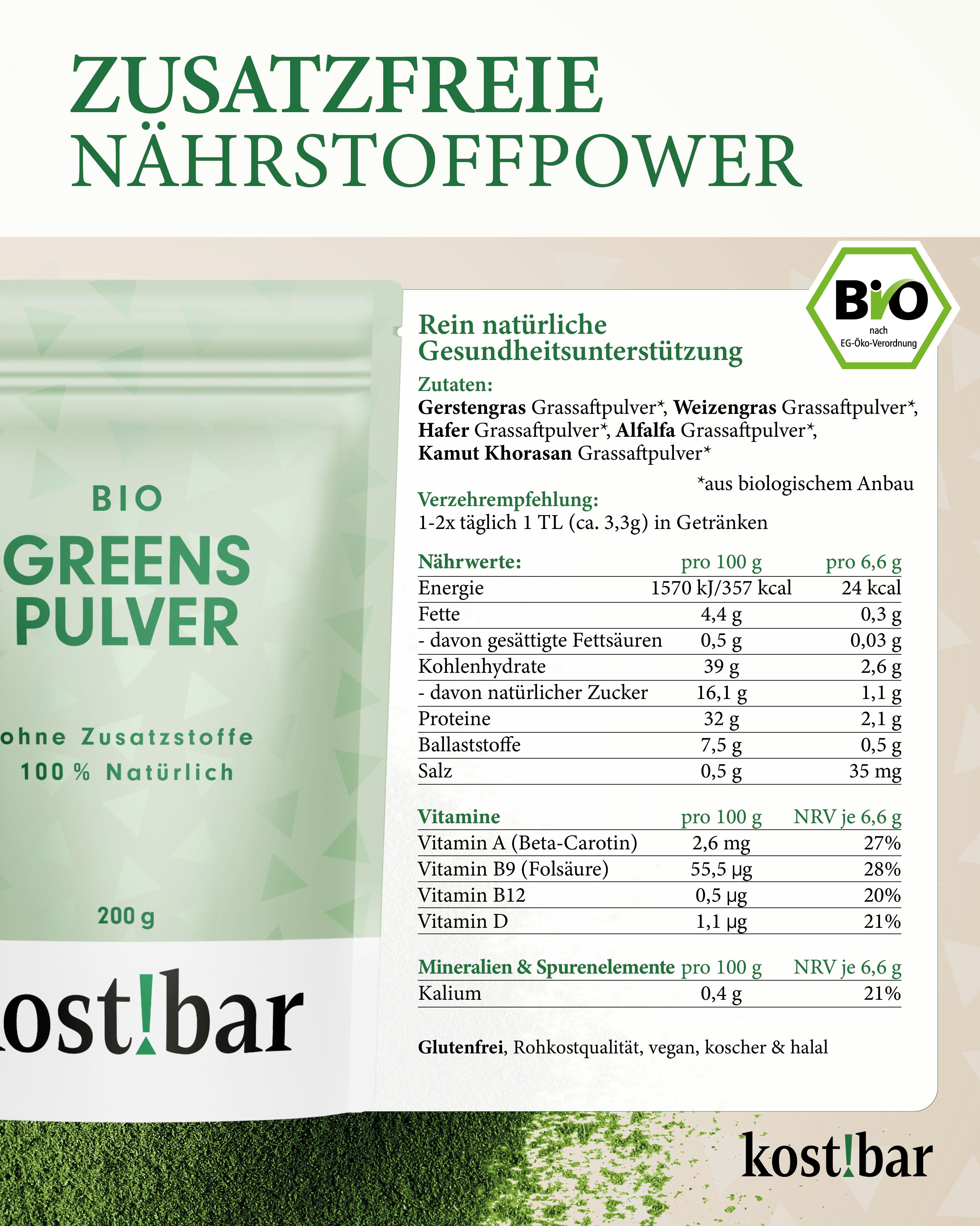 Beutel mit Pulver, Bio-Siegel. Text: Zusatzfreie Nährstoffpower, Zutaten, Nährwerte, Vitamine, Mineralien, kost!bar.