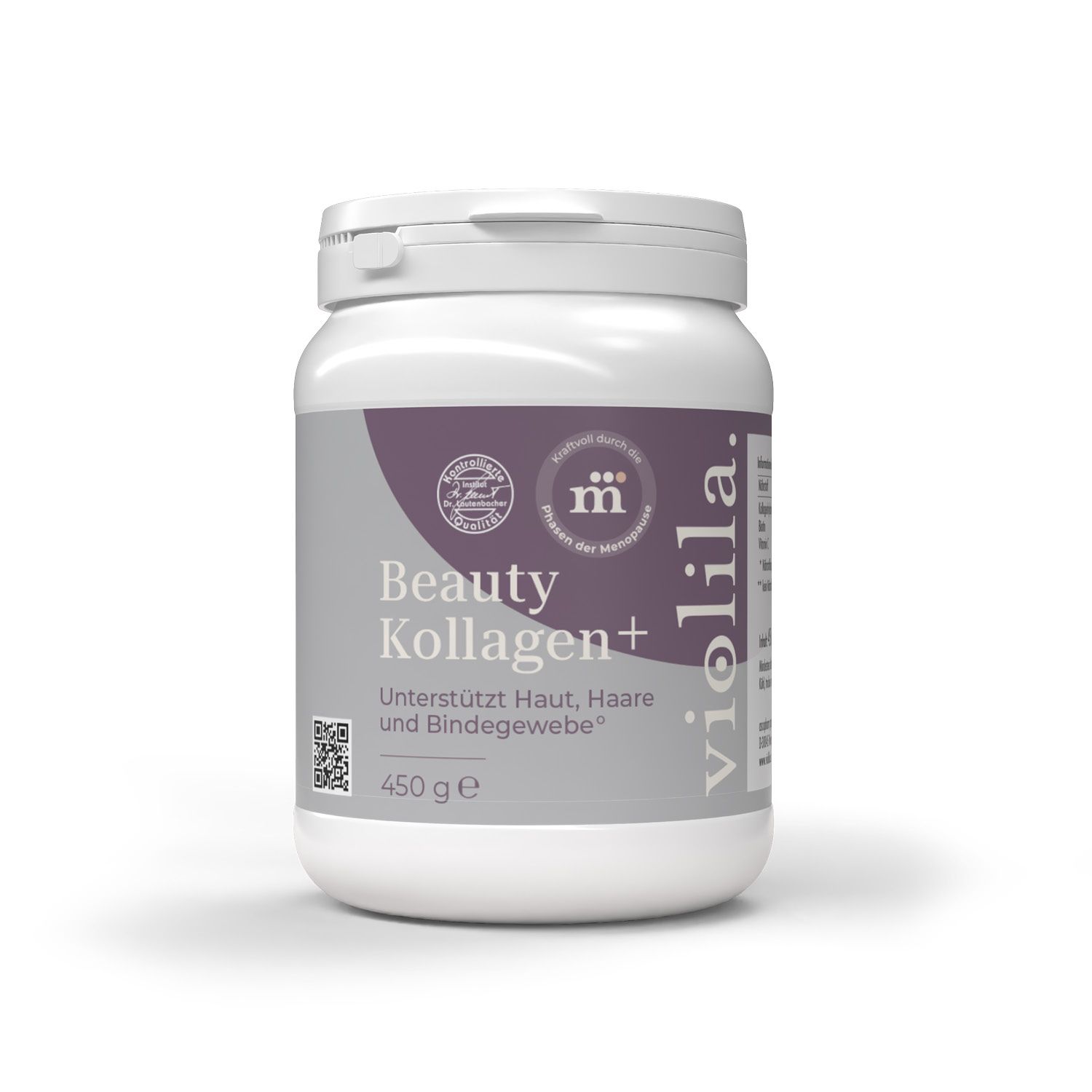 Weiße Dose mit lila Etikett. Aufschrift: Beauty Kollagen+, 450g. Marke: violila.