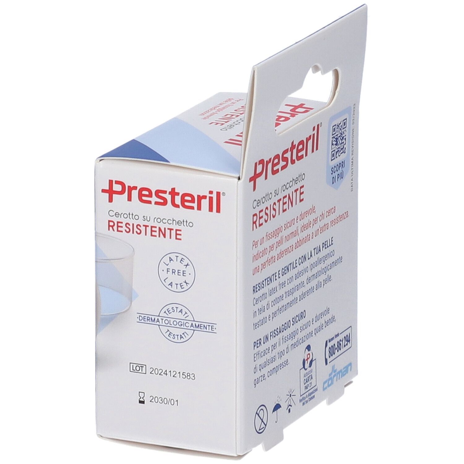 Presteril Cerotto su Rocchetto Resistente Verpackung. Produktname, Latex-frei, dermatologisch getestet. Chargennummer und Verfallsdatum.