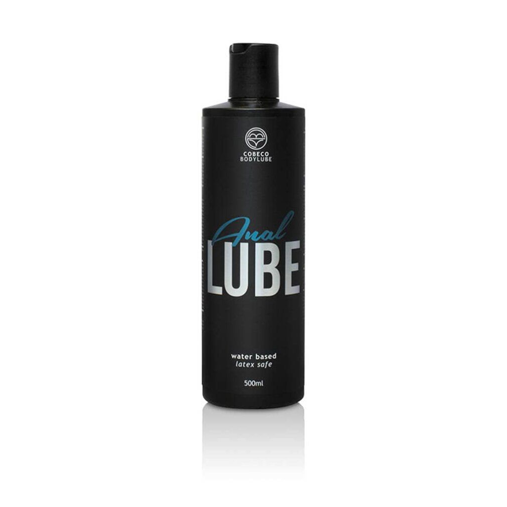 Schwarze Flasche mit "Anal Lube"-Aufdruck. Text: "water based latex safe". Marke: Cobeco Bodylube. 500ml.