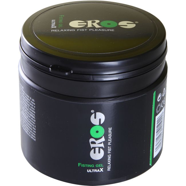 Schwarzer Behälter mit Deckel. Aufschrift: EROS, Fisting Gel Ultra X, Relaxing Fist Pleasure. Grünes Logo.