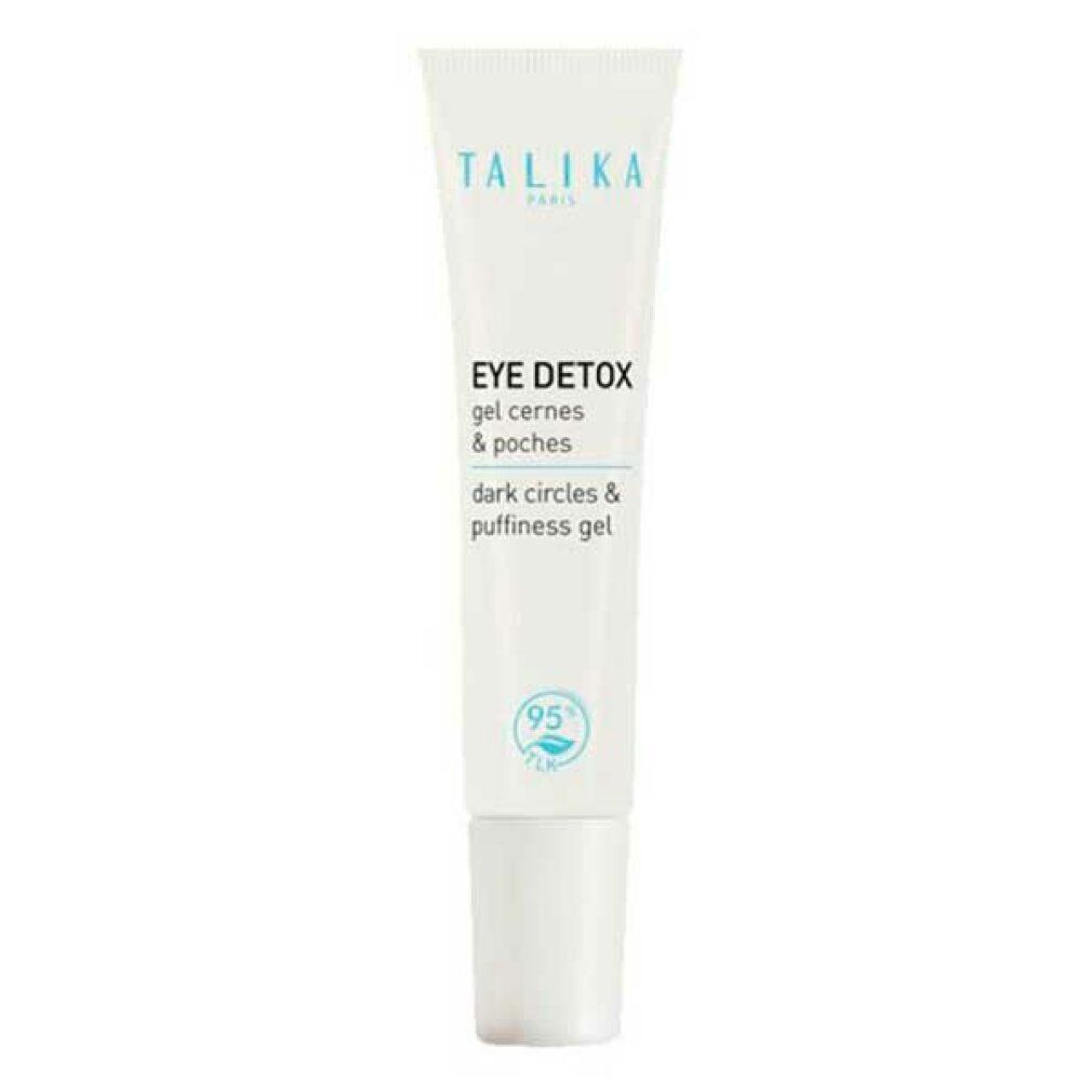 Weißes Tube mit blauer Schrift. Enthält Eye Detox Gel. Marke: Talika.
