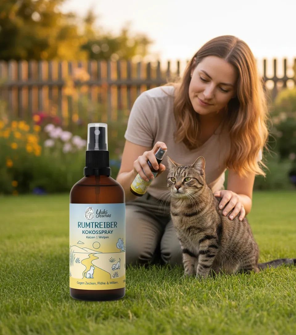 Frau sprüht auf Katze im Garten. Braune Sprühflasche mit Etikett. Produktetikett sichtbar.