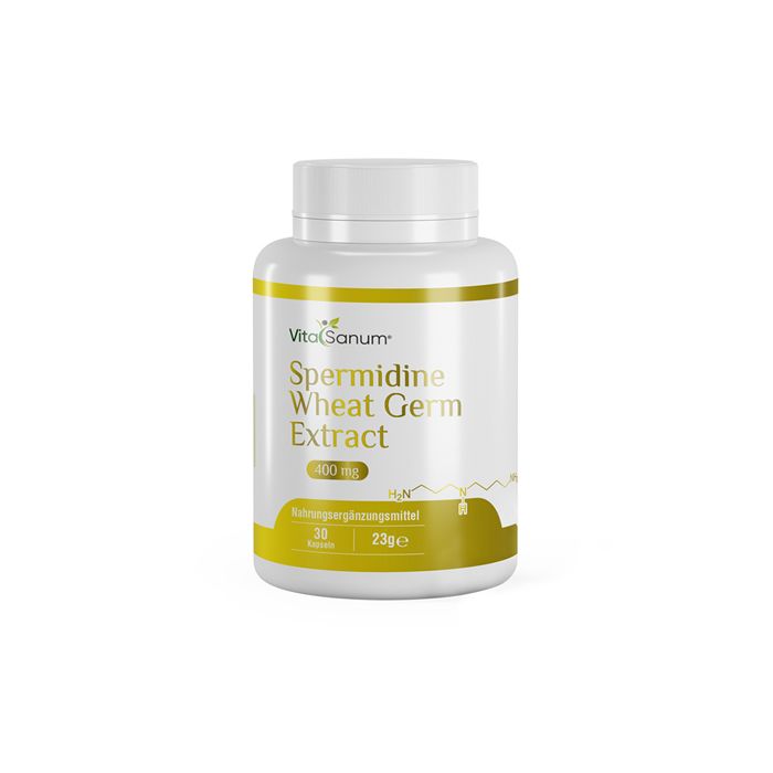 Weißes Fläschchen mit gelbem Etikett. Aufschrift: Spermidine Wheat Germ Extract, 400 mg. 30 Kapseln, 23g.