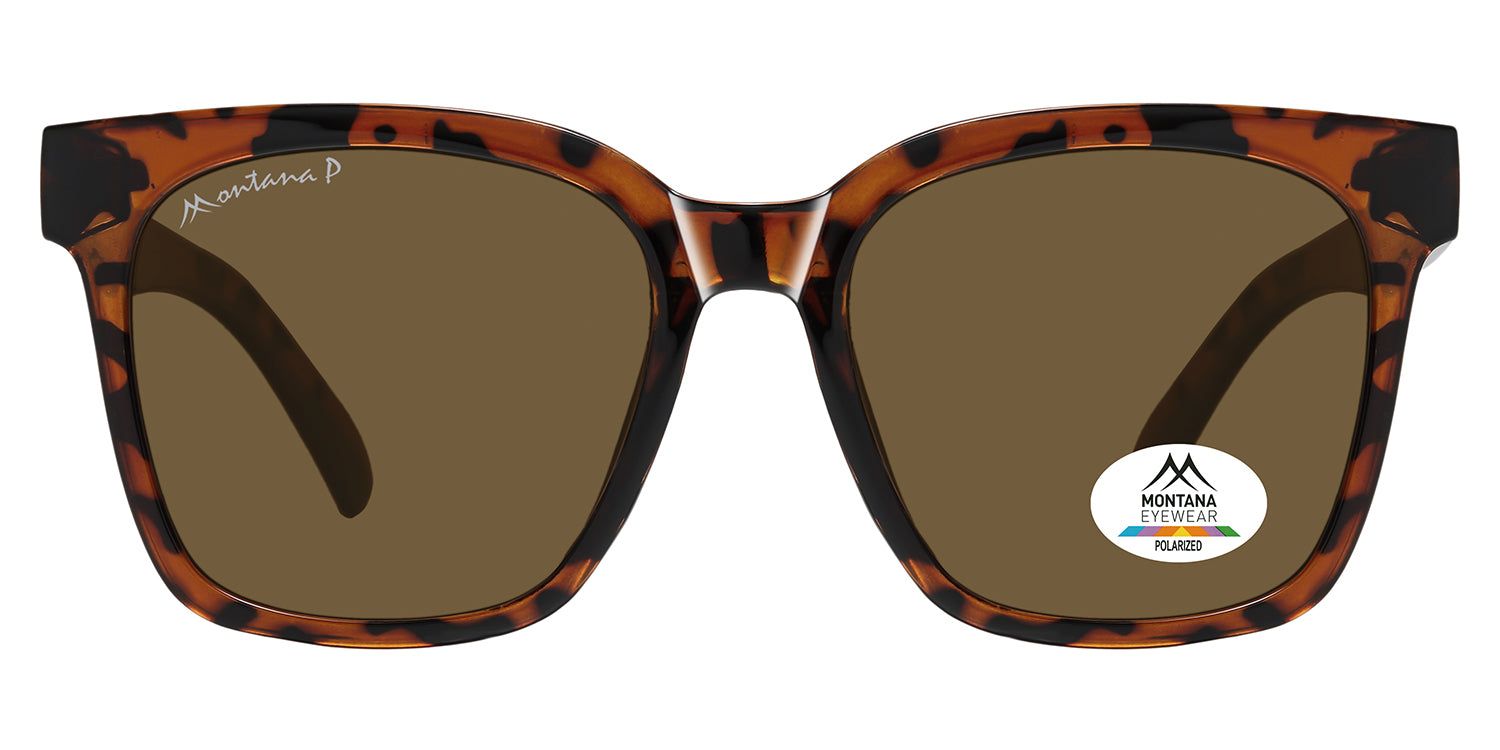 Sonnenbrille mit braunen Gläsern und braun-schwarzem Rahmen. Montana Eyewear Logo auf dem Bügel. Polarisiert-Aufkleber.