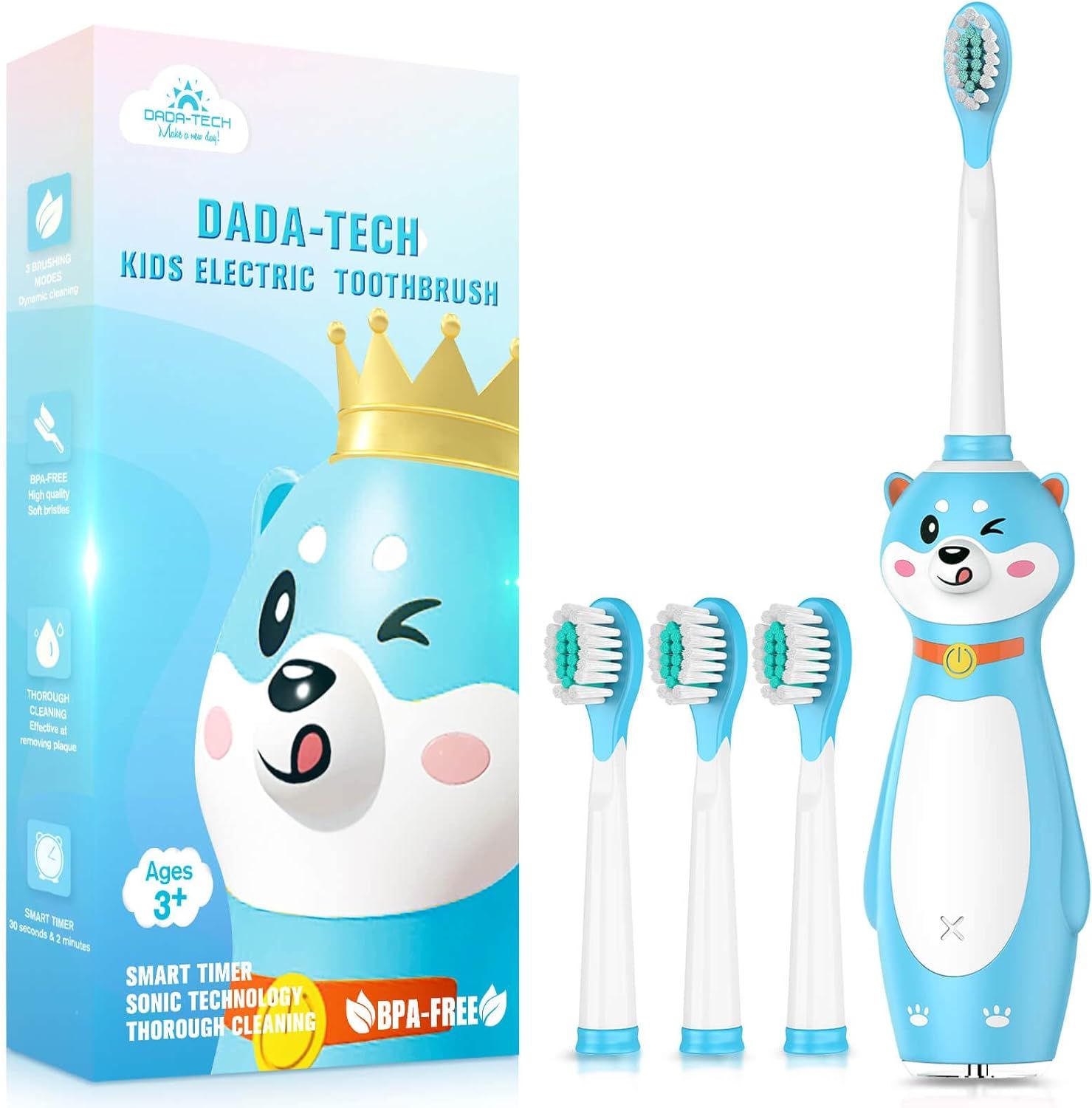 Elektrische Kinderzahnbürste mit blauem Gehäuse und Zubehör. Verpackung mit Produktnamen und Illustration.