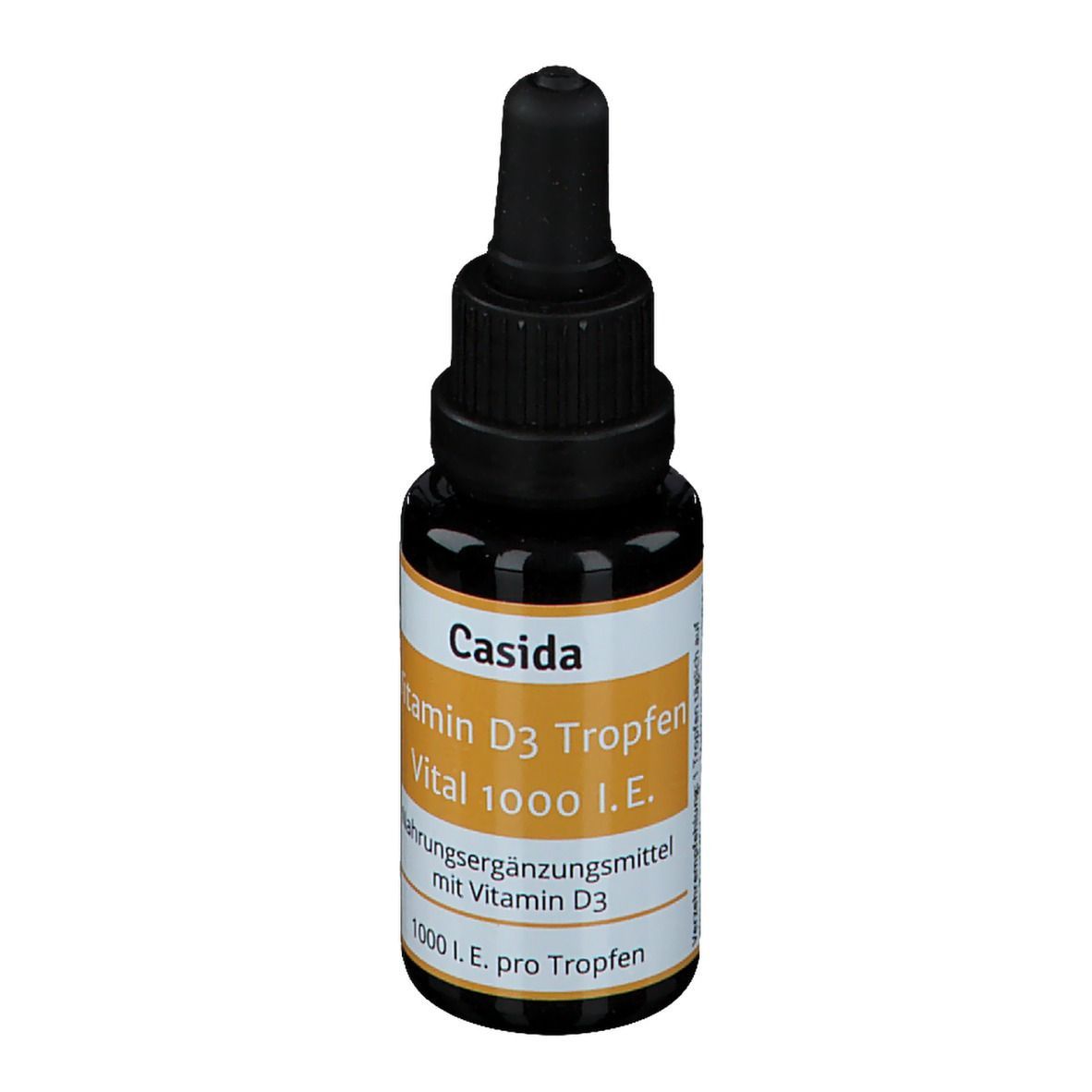 Braune Glasflasche mit schwarzem Tropfer. Aufschrift: Casida Vitamin D3 Tropfen Vital 1000 I.E. Nahrungsergänzungsmittel.