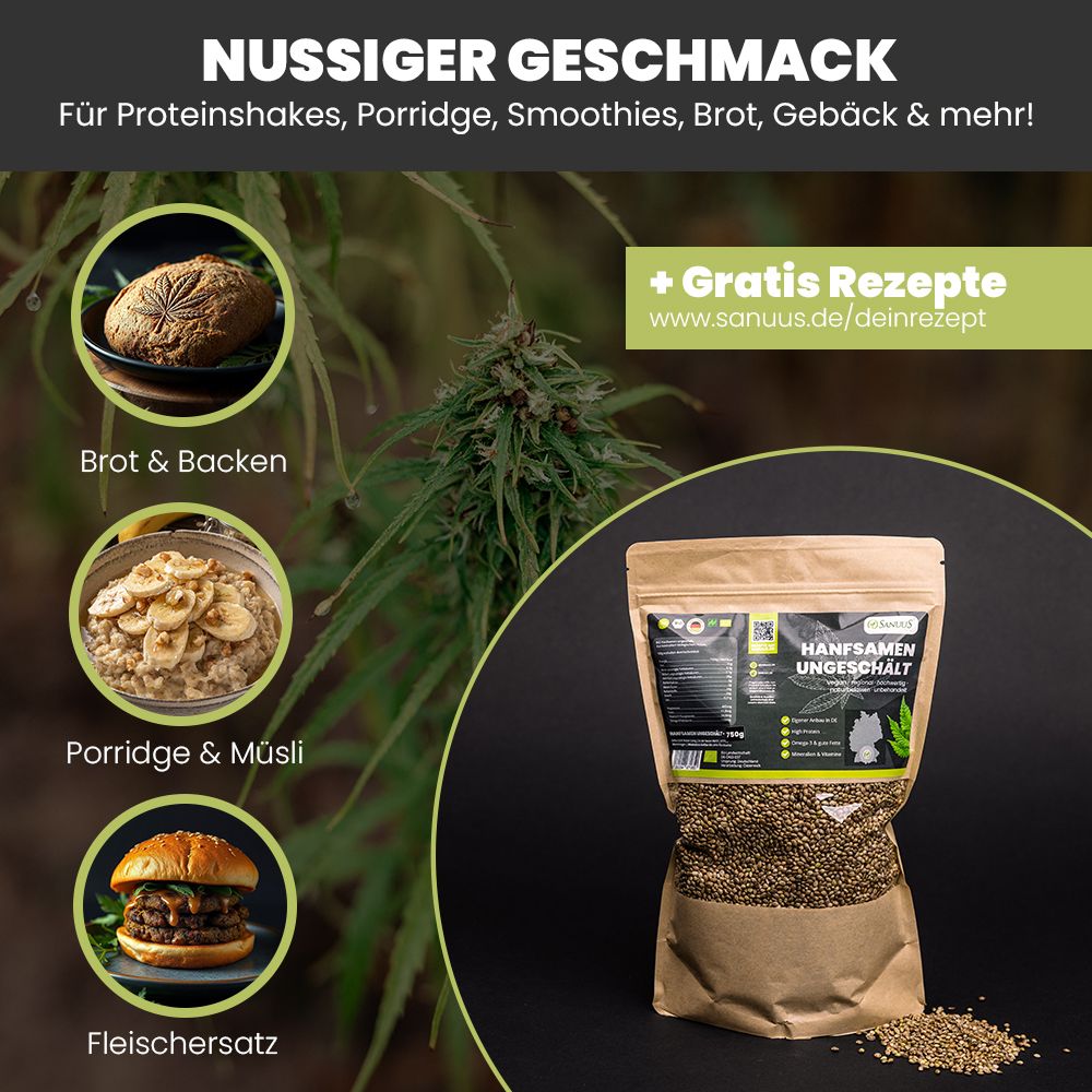 Hanfsamen ungeschält in einem Beutel. Daneben Abbildungen von Brot, Porridge und Fleischersatz. Text: Nussiger Geschmack.