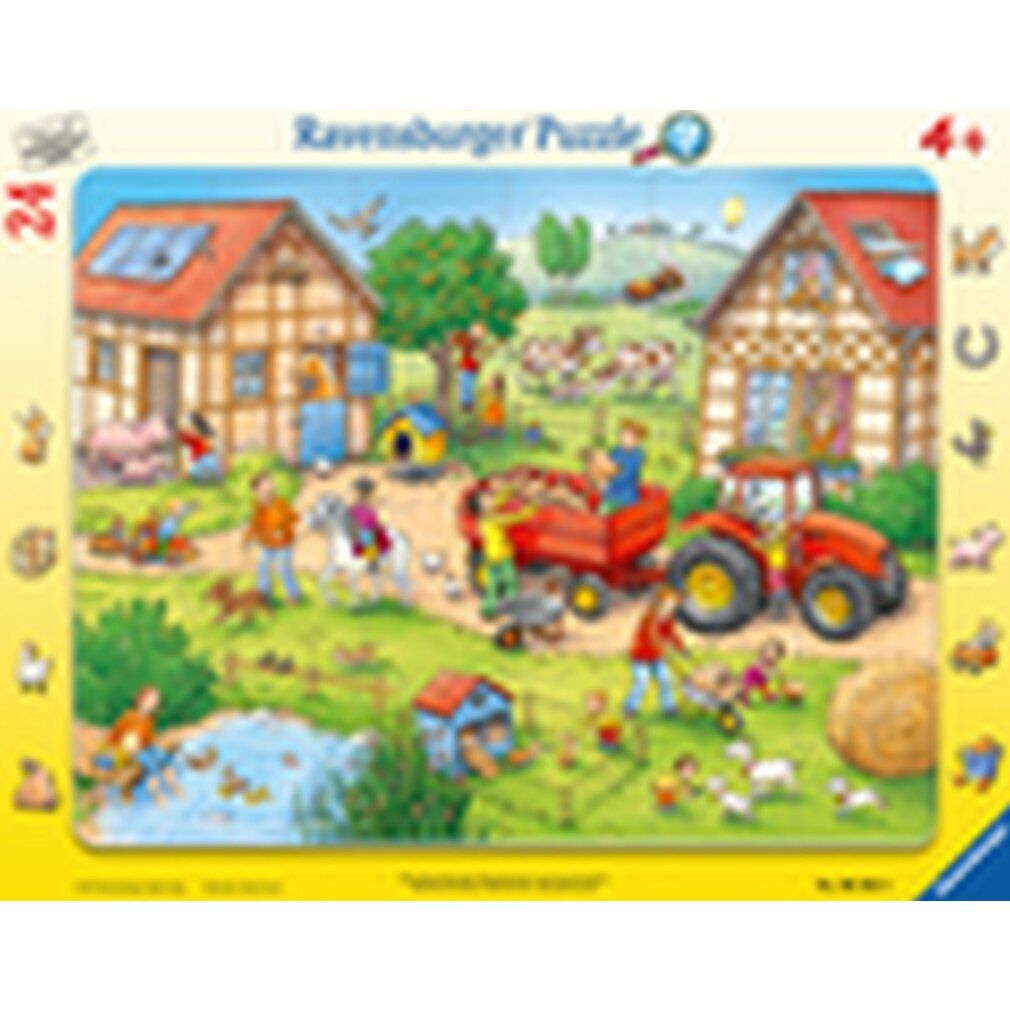 Puzzle mit Bauernhof-Motiv. 24 Teile. Ravensburger Puzzle. Für Kinder ab 4 Jahren. Rechteckige Form. Bunte Illustration mit Tieren und Menschen.