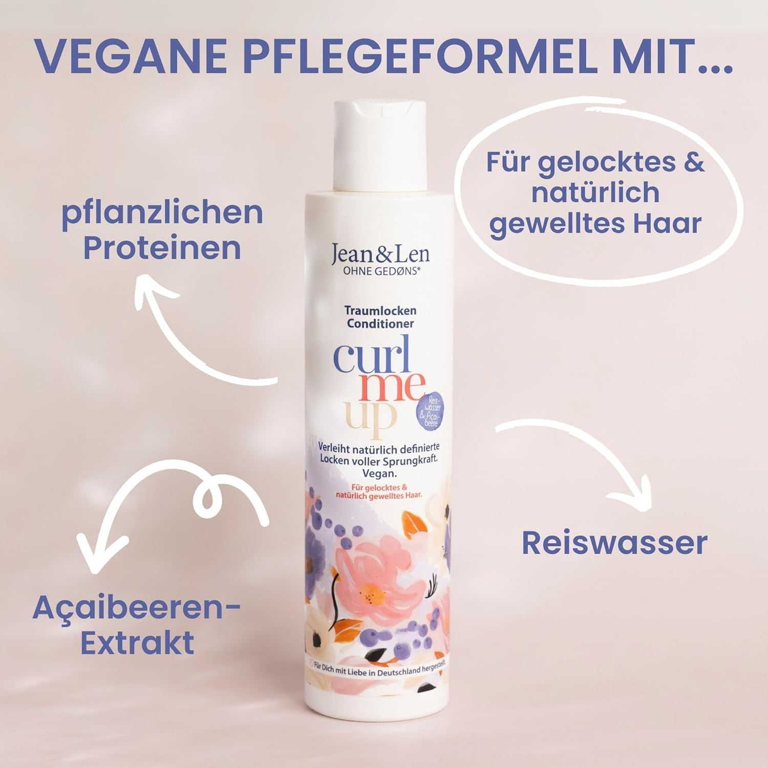 Flasche Jean & Len Traumlocken Conditioner. Text: Vegane Pflegeformel mit pflanzlichen Proteinen, Reiswasser und Açaibeeren-Extrakt.