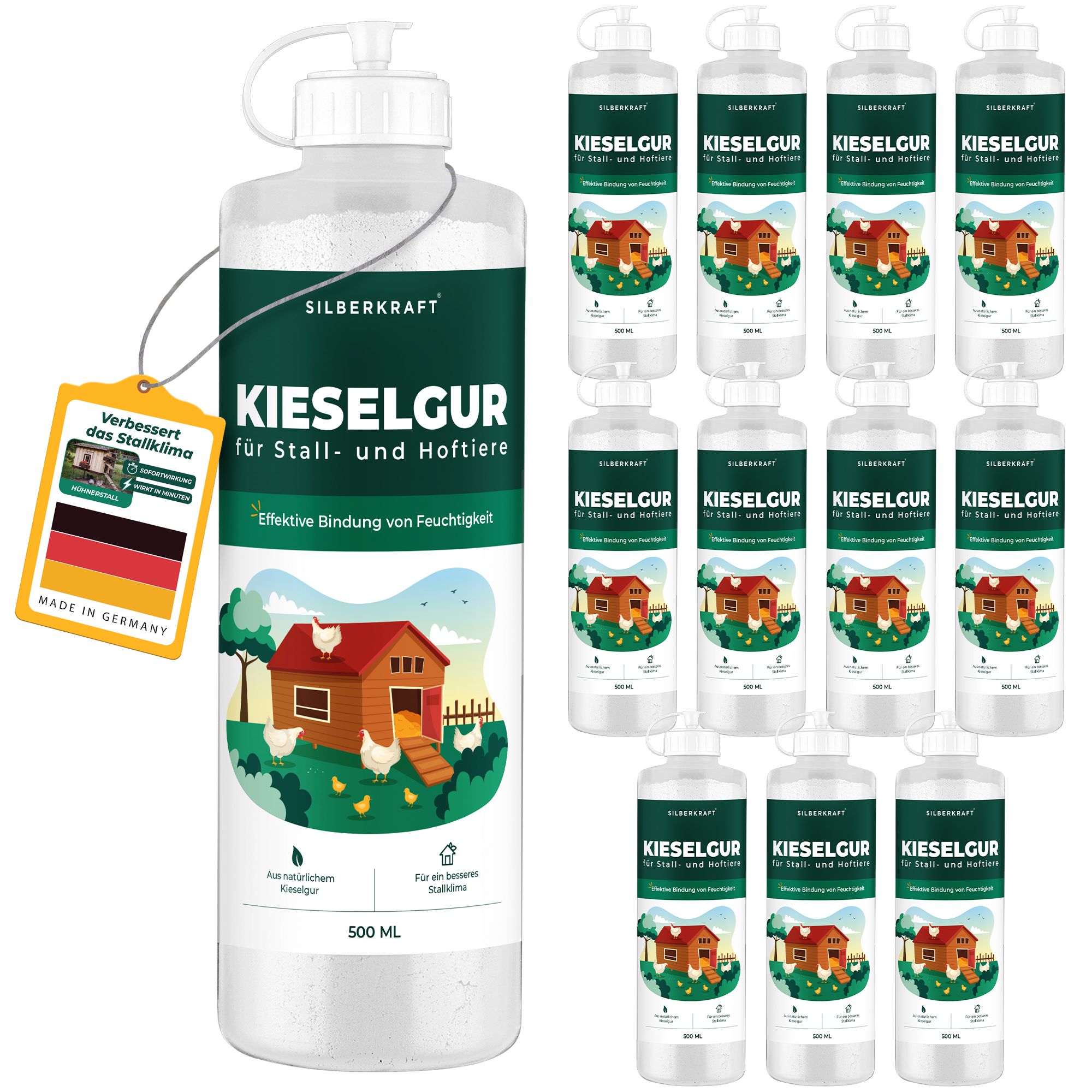 SILBERKRAFT Kieselgur-Flasche mit Etikett und mehreren Flaschen im Hintergrund. Auf dem Etikett: Kieselgur für Stall- und Hoftiere, 500 ml.