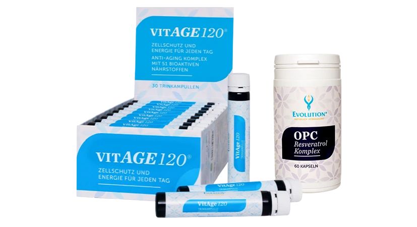 Packung und Flasche mit Nahrungsergänzungsmitteln. Aufschrift: VITAGE 120, Zellschutz und Energie. Flasche: Evolution OPC Resveratrol Komplex.