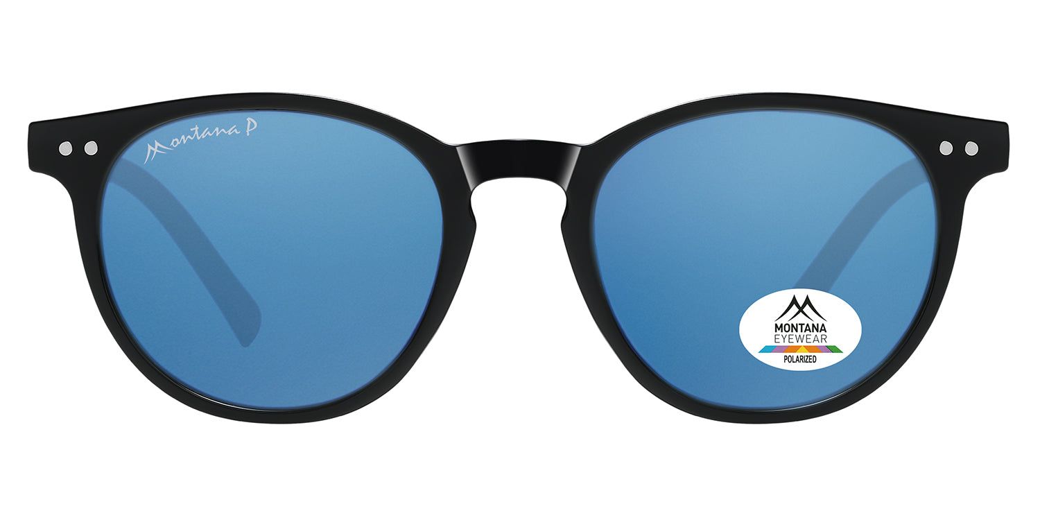 Schwarze Sonnenbrille mit blauen Gläsern. Montana Eyewear Logo auf dem Glas. Runde Form. Polarisierte Gläser.