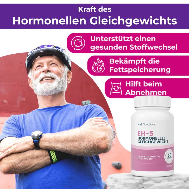 Mann mit Helm und Arme verschränkt. Rechts: NutriSolution EH-5 Hormonelles Gleichgewicht. 60 Kapseln. Text über Vorteile.
