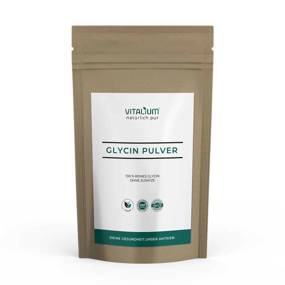 Beutel mit Glycin Pulver. Vorderseite mit weißem Etikett. Produktname und Logo. Vegan- und HACCP-Siegel.