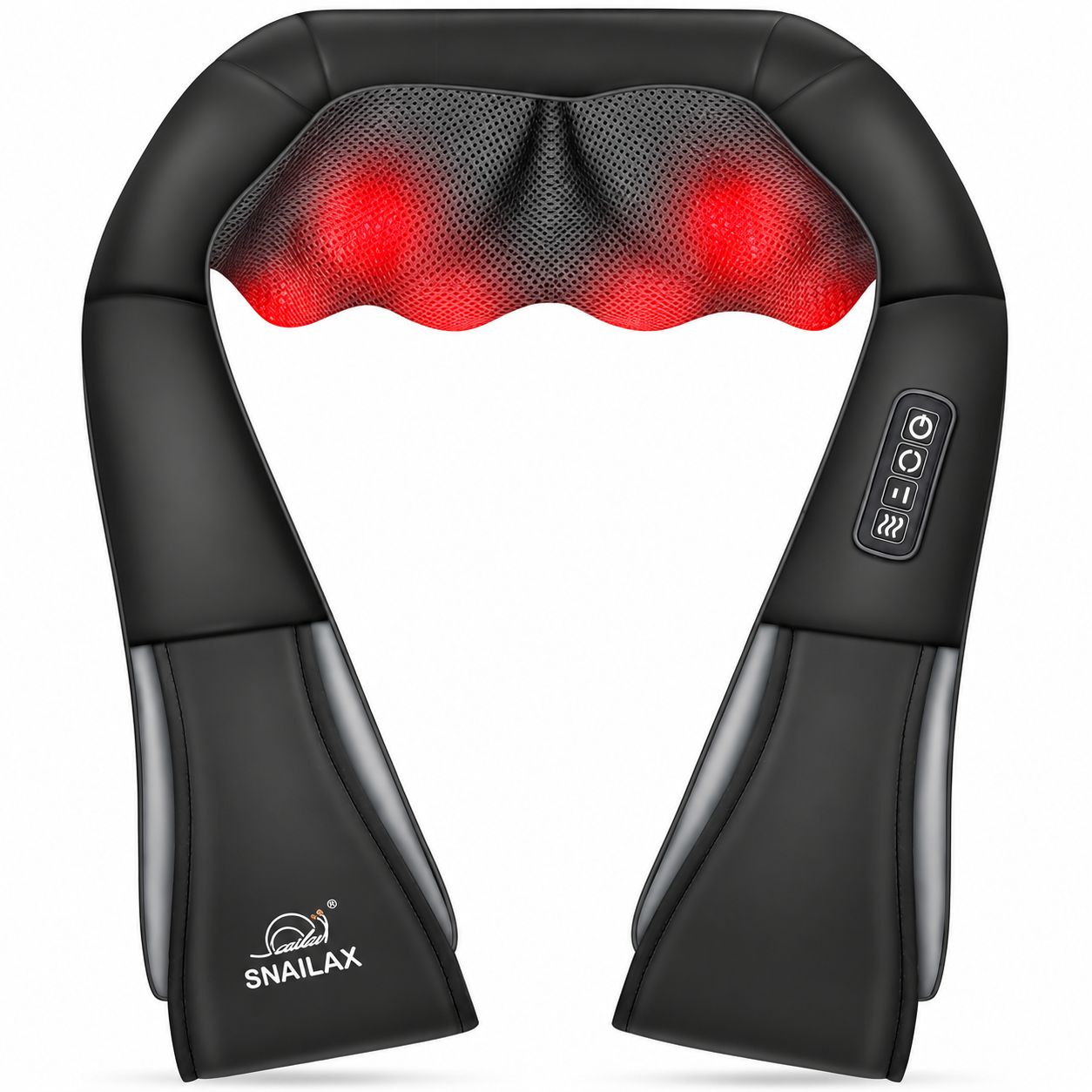 Schwarzes Nackenmassagegerät mit roten Massageköpfen und Bedienelementen.