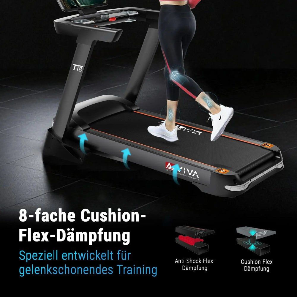 AsVIVA Laufband Smart T18 Pro: 8-fache Cushion-Flex-Dämpfung für gelenkschonendes Training.