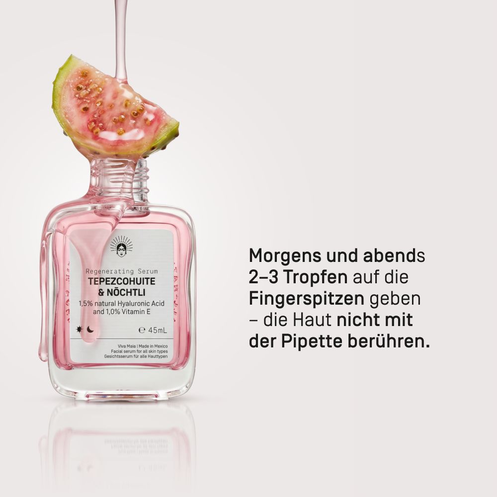 Viva Maia Regenerating Serum Flasche mit Pipette und Guave-Scheibe. Rosa Serum tropft aus Pipette.
