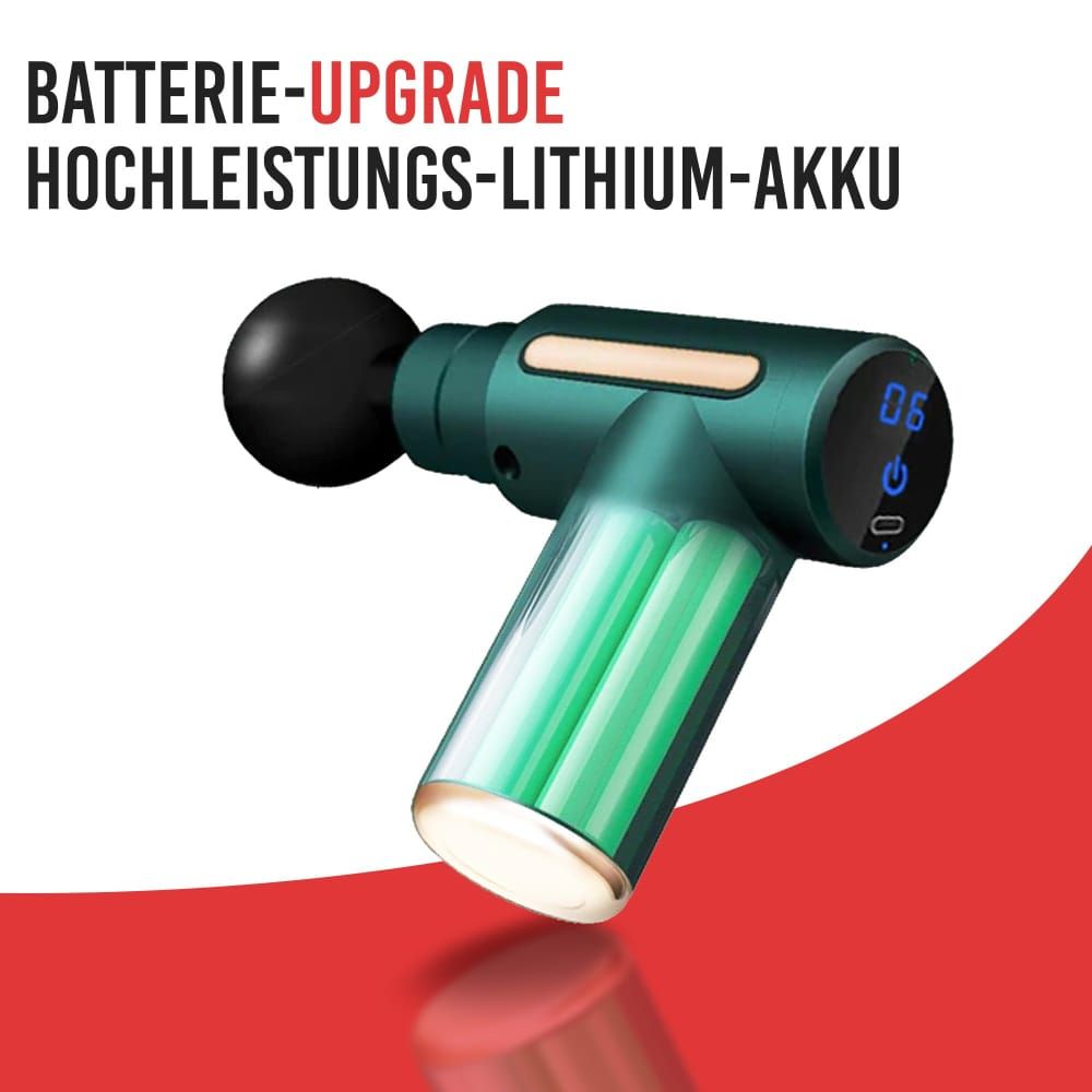 Grüne Mini-Massagepistole mit transparentem Akkufach. Text: Batterie-Upgrade. Hochleistungs-Lithium-Akku. Digitalanzeige.