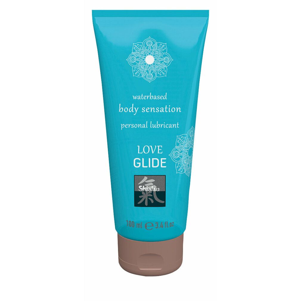 Türkisfarbene Tube mit braunem Verschluss. Aufschrift: "waterbased body sensation personal lubricant LOVE GLIDE Shiatsu".