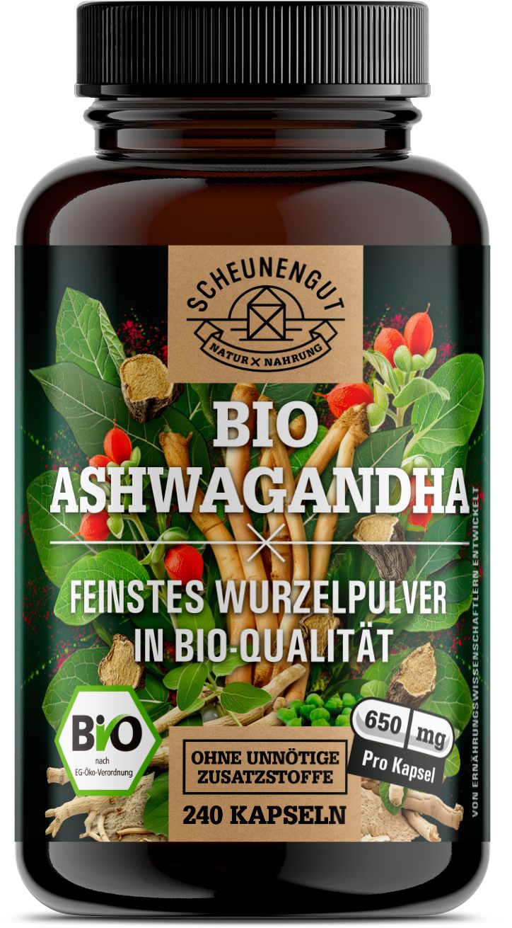Braune Flasche mit schwarzen Deckel. Aufschrift: Bio Ashwagandha, 240 Kapseln. Zertifizierungen und Informationen zur Herstellung.